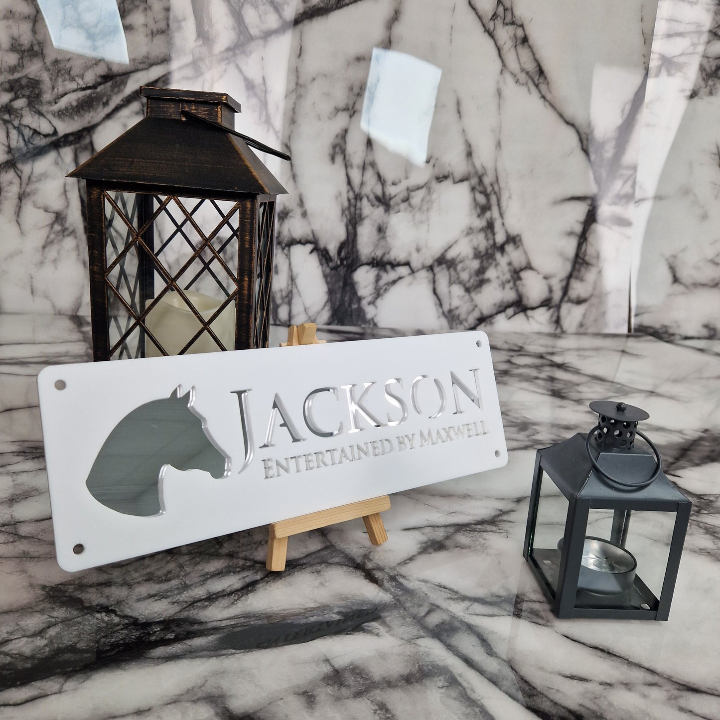 White and Silver Mirror Laser Horse Stable Personalised Sign
