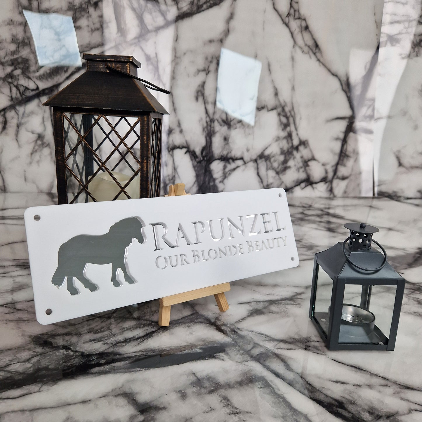 White and Silver Mirror Laser Horse Stable Personalised Sign