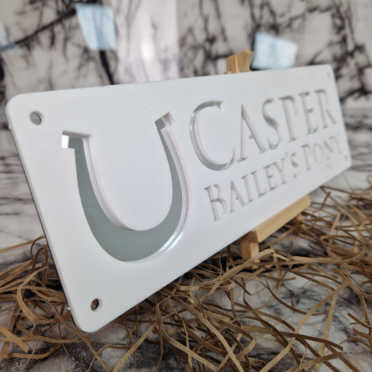 White and Silver Mirror Laser Horse Stable Personalised Sign