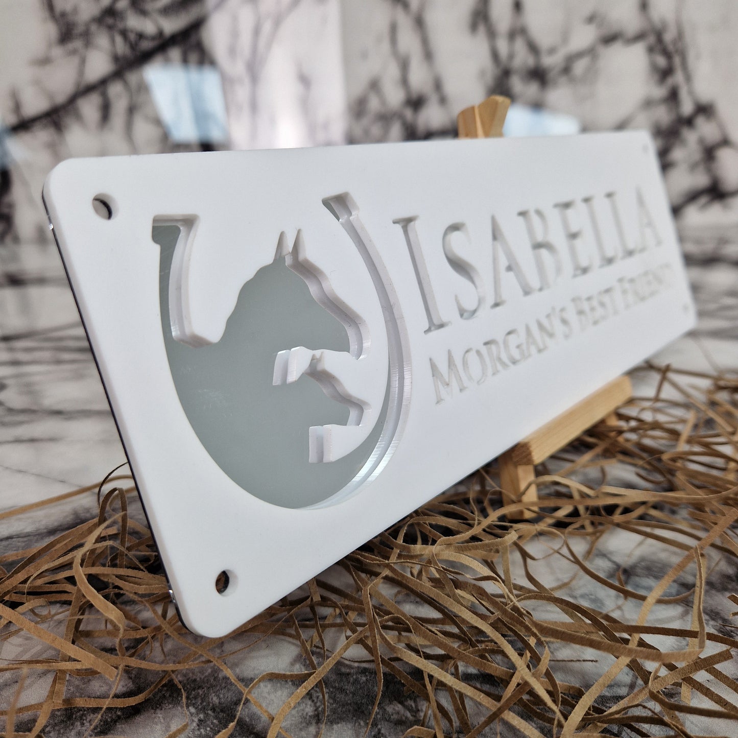 White and Silver Mirror Laser Horse Stable Personalised Sign