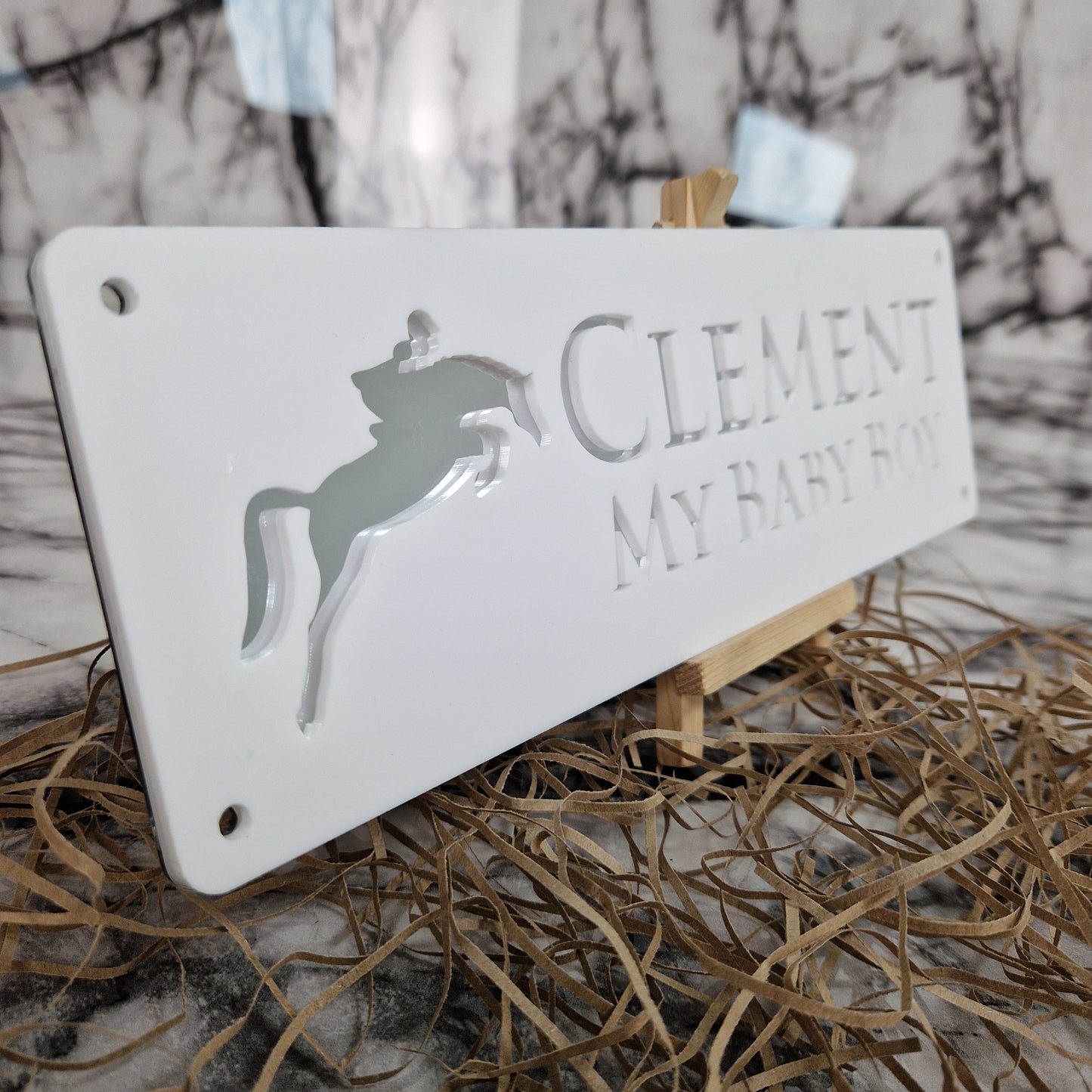 White and Silver Mirror Laser Horse Stable Personalised Sign