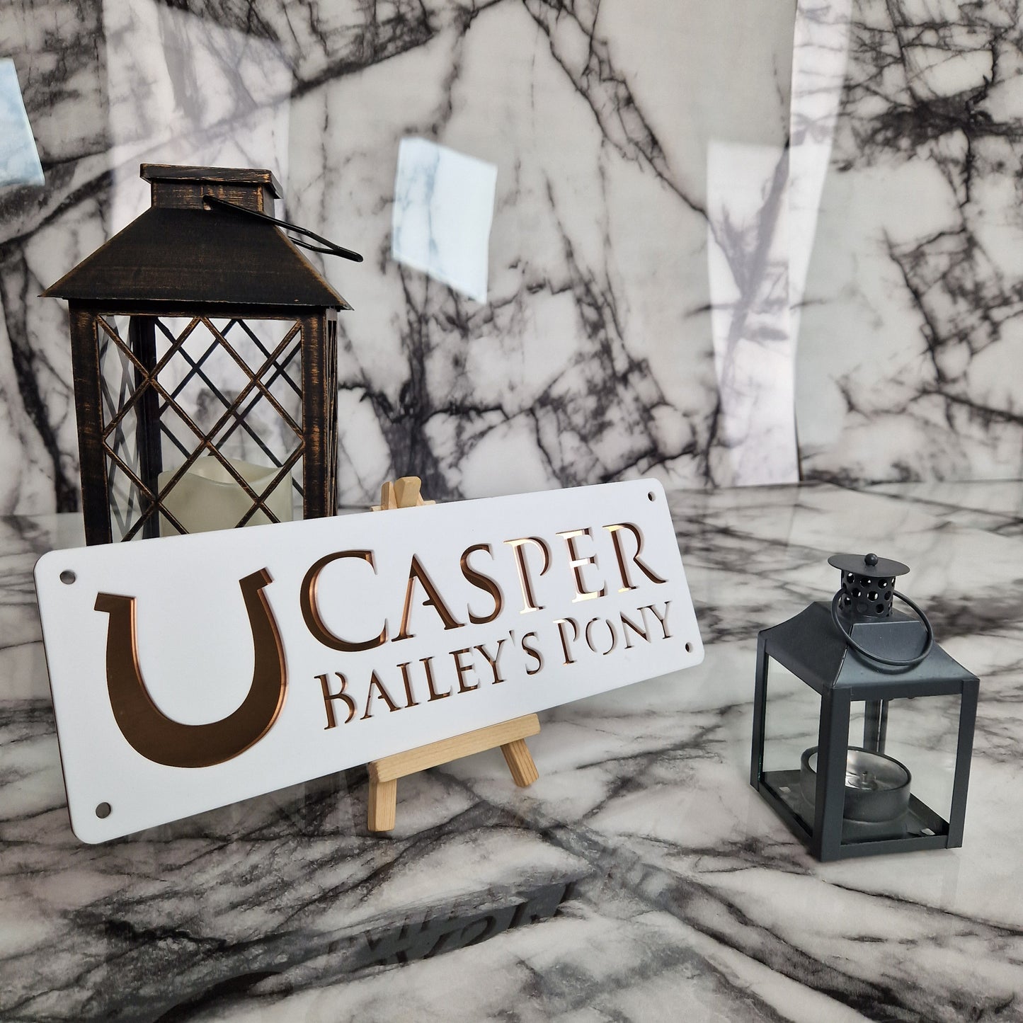 White and Copper Mirror Laser Horse Stable Personalised Sign