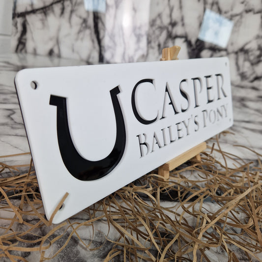 White and Gloss Black Laser Horse Stable Personalised Sign
