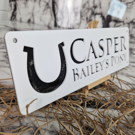 White and Black Marble Laser Horse Stable Personalised Sign