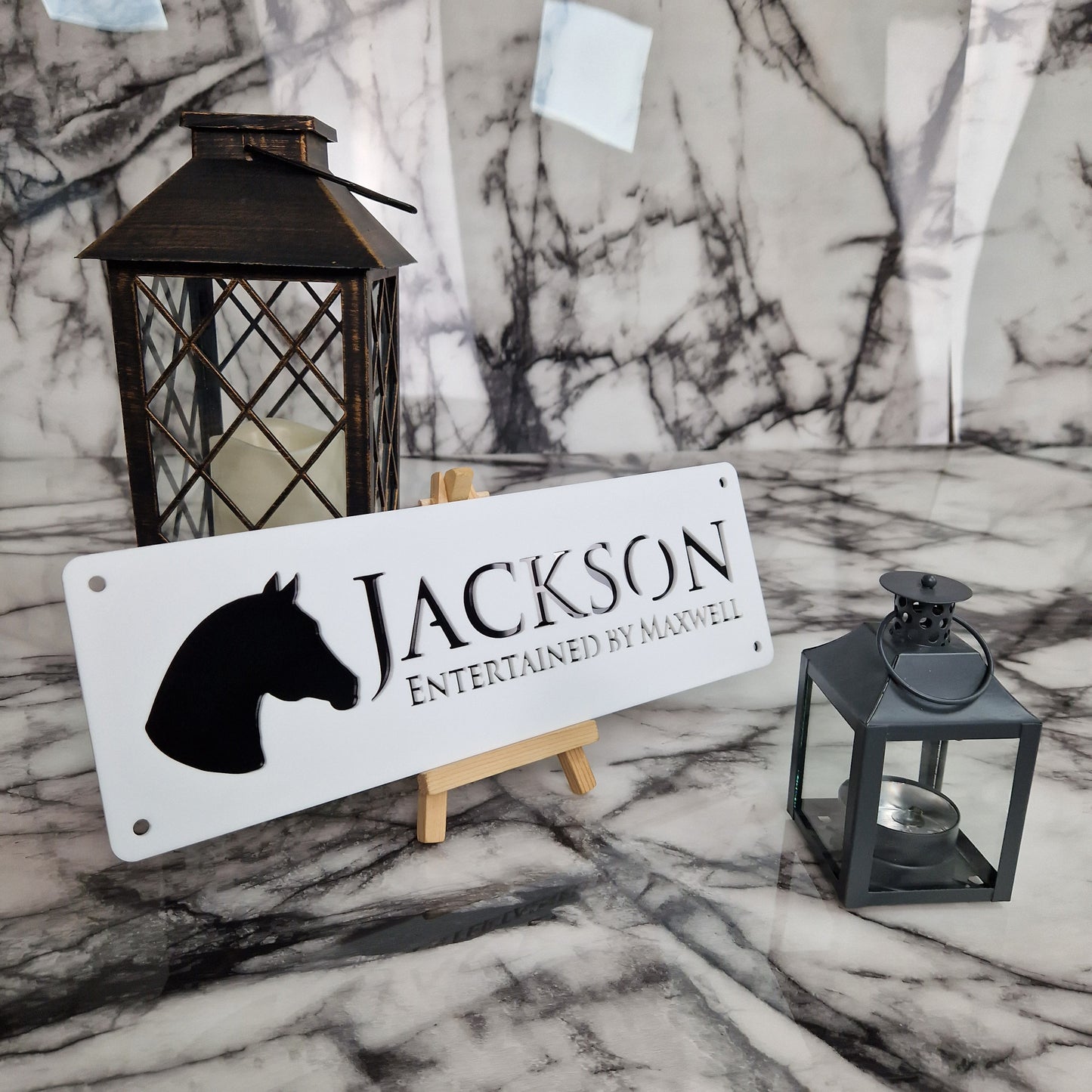 White and Gloss Black Laser Horse Stable Personalised Sign