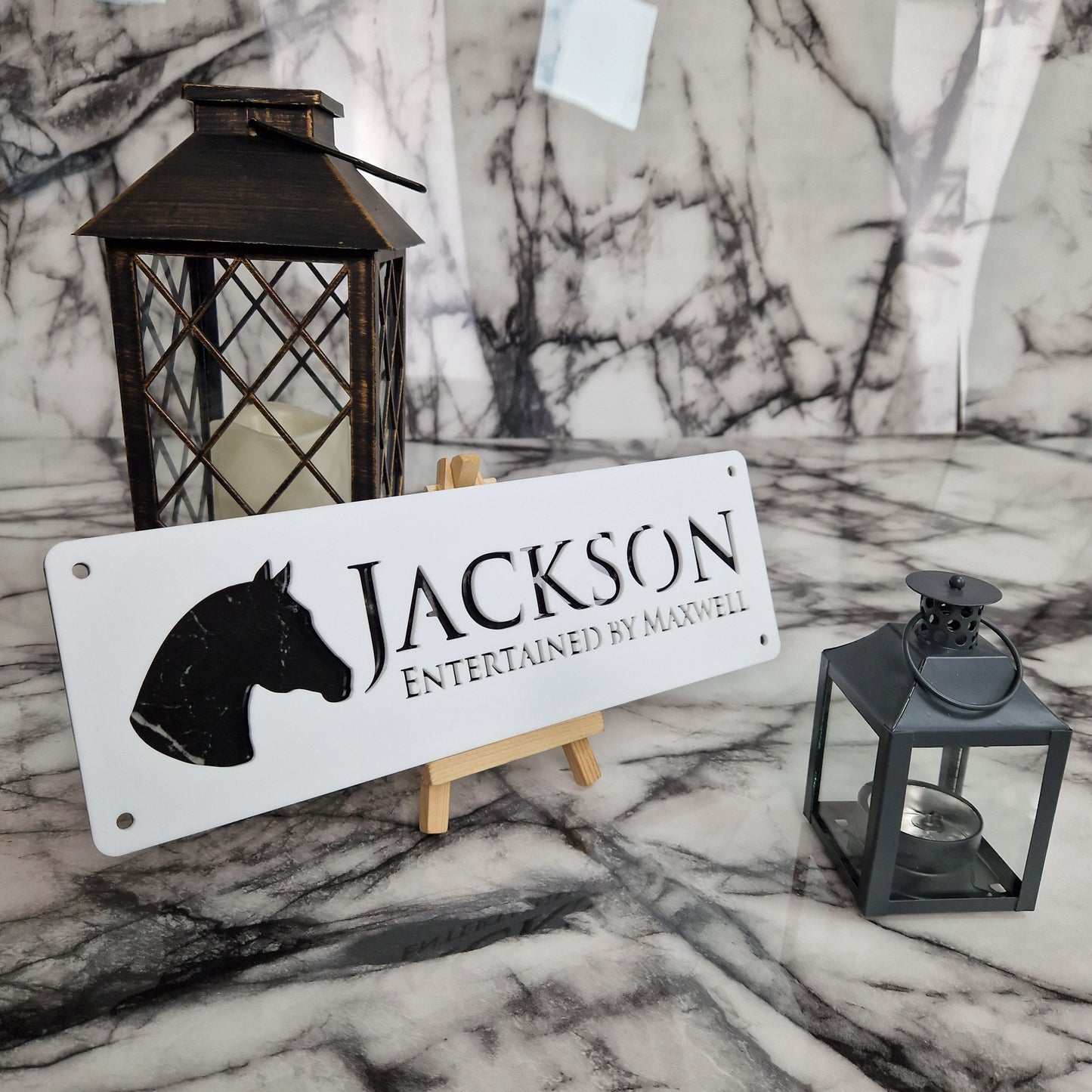 White and Black Marble Laser Horse Stable Personalised Sign