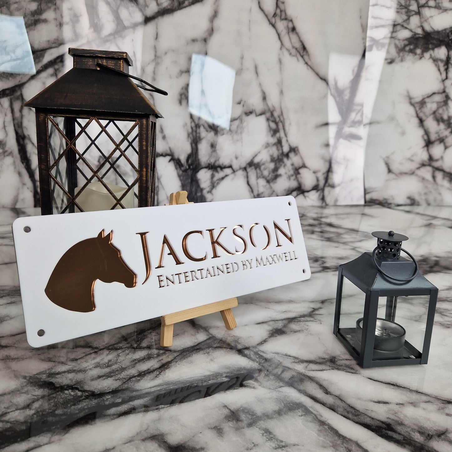 White and Copper Mirror Laser Horse Stable Personalised Sign