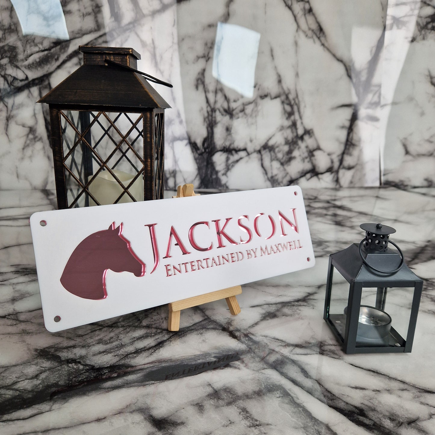White and Rose Gold Mirror Laser Horse Stable Personalised Sign