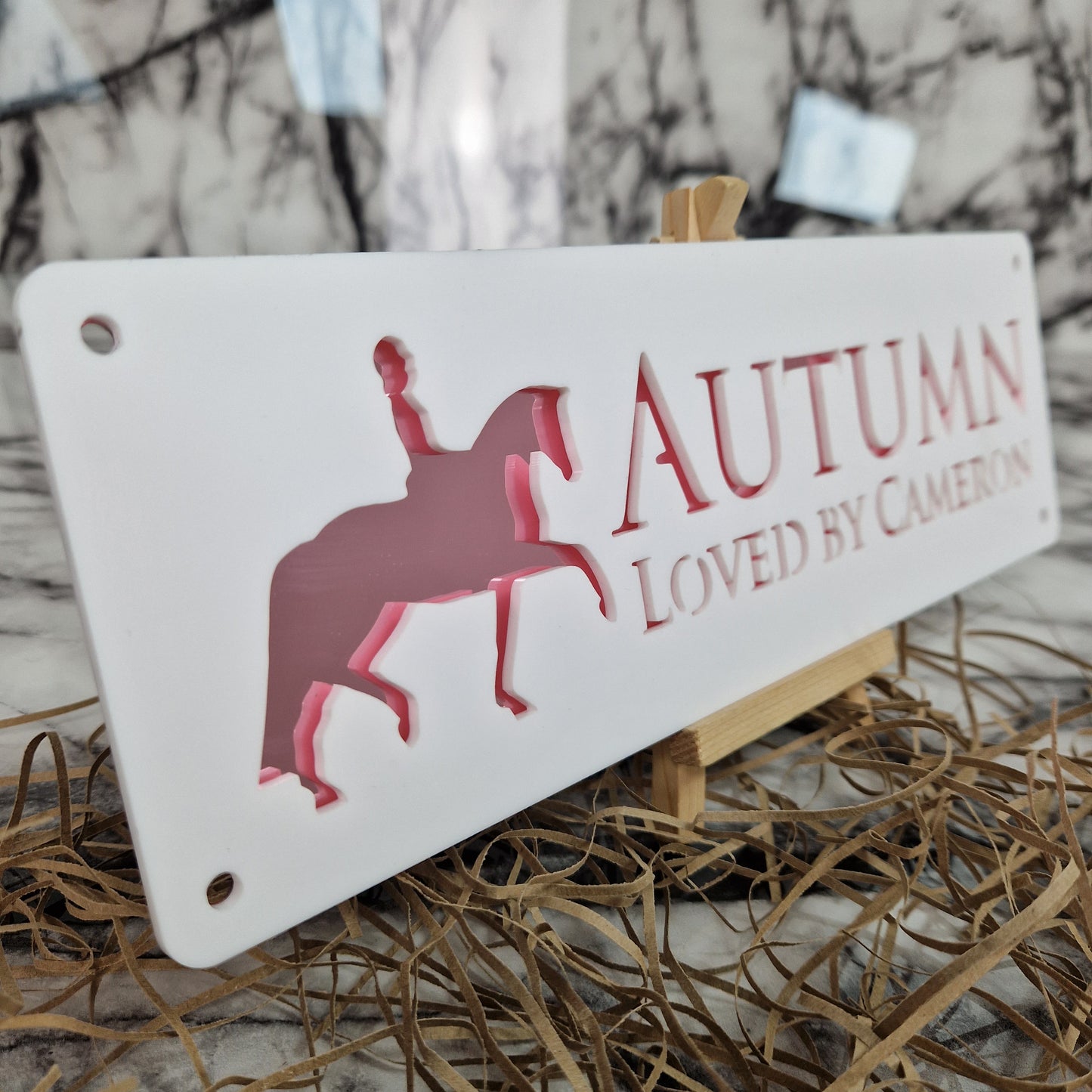 White and Rose Gold Mirror Laser Horse Stable Personalised Sign