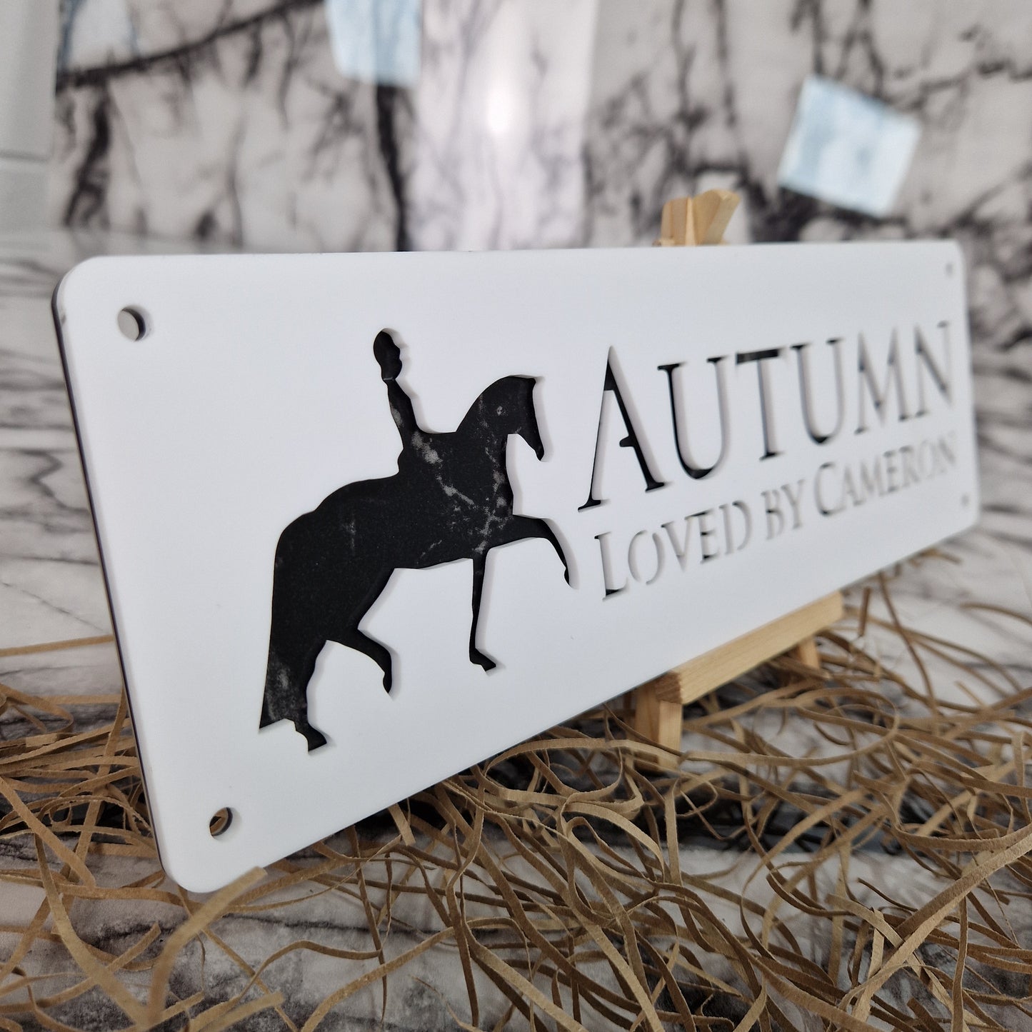 White and Black Marble Laser Horse Stable Personalised Sign