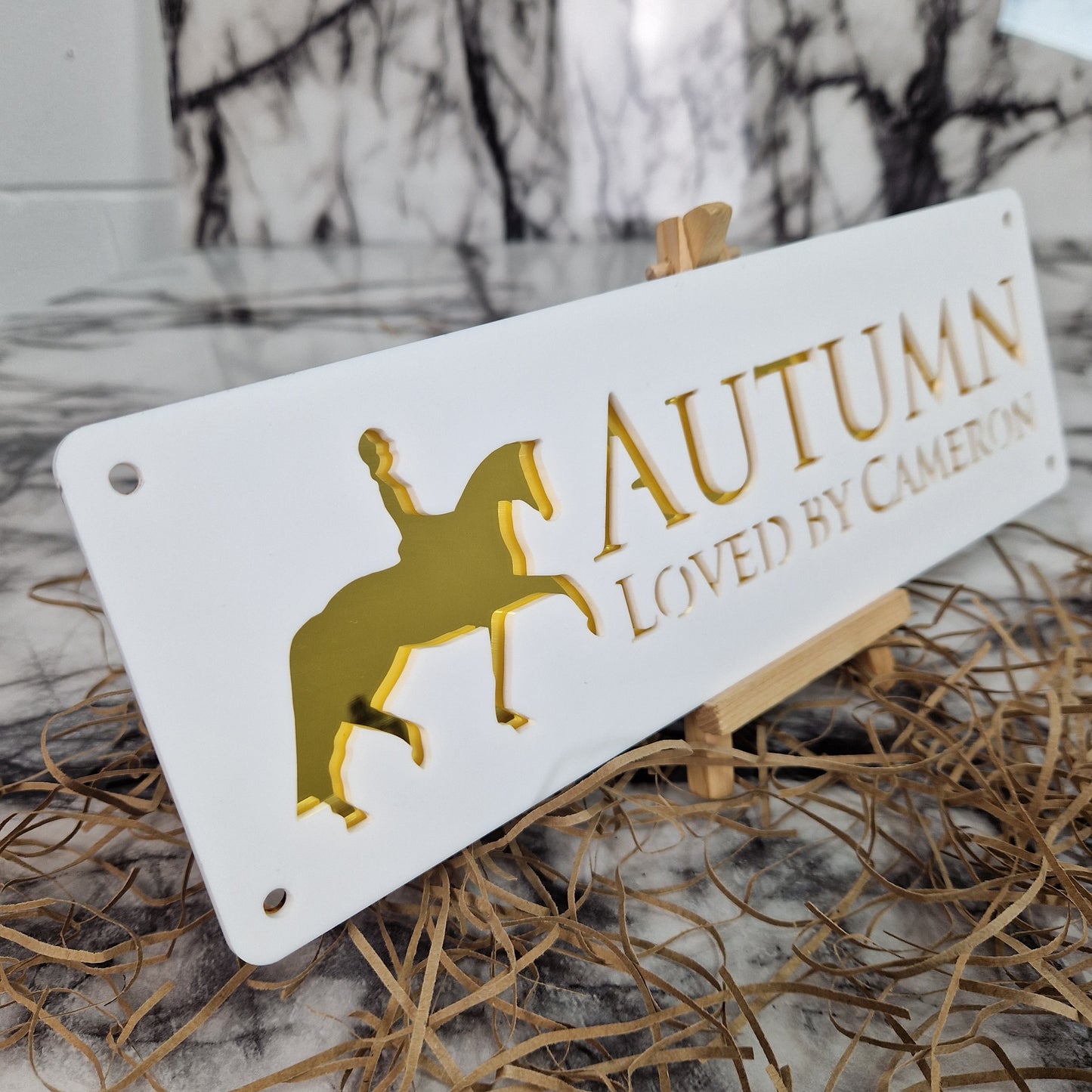 White and Gold Mirror Laser Horse Stable Personalised Sign