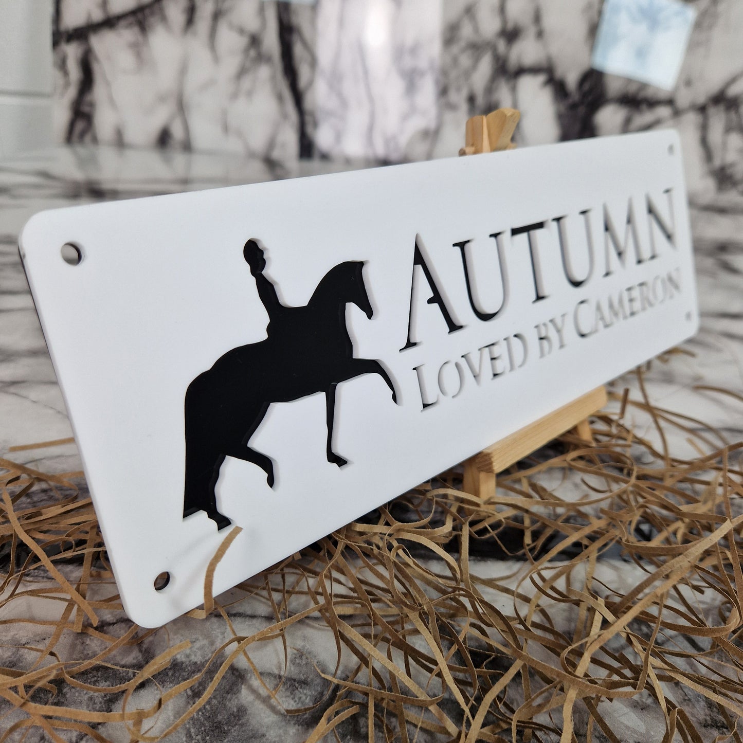 White and Gloss Black Laser Horse Stable Personalised Sign