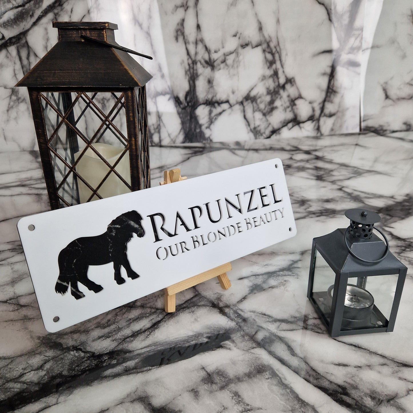 White and Black Marble Laser Horse Stable Personalised Sign