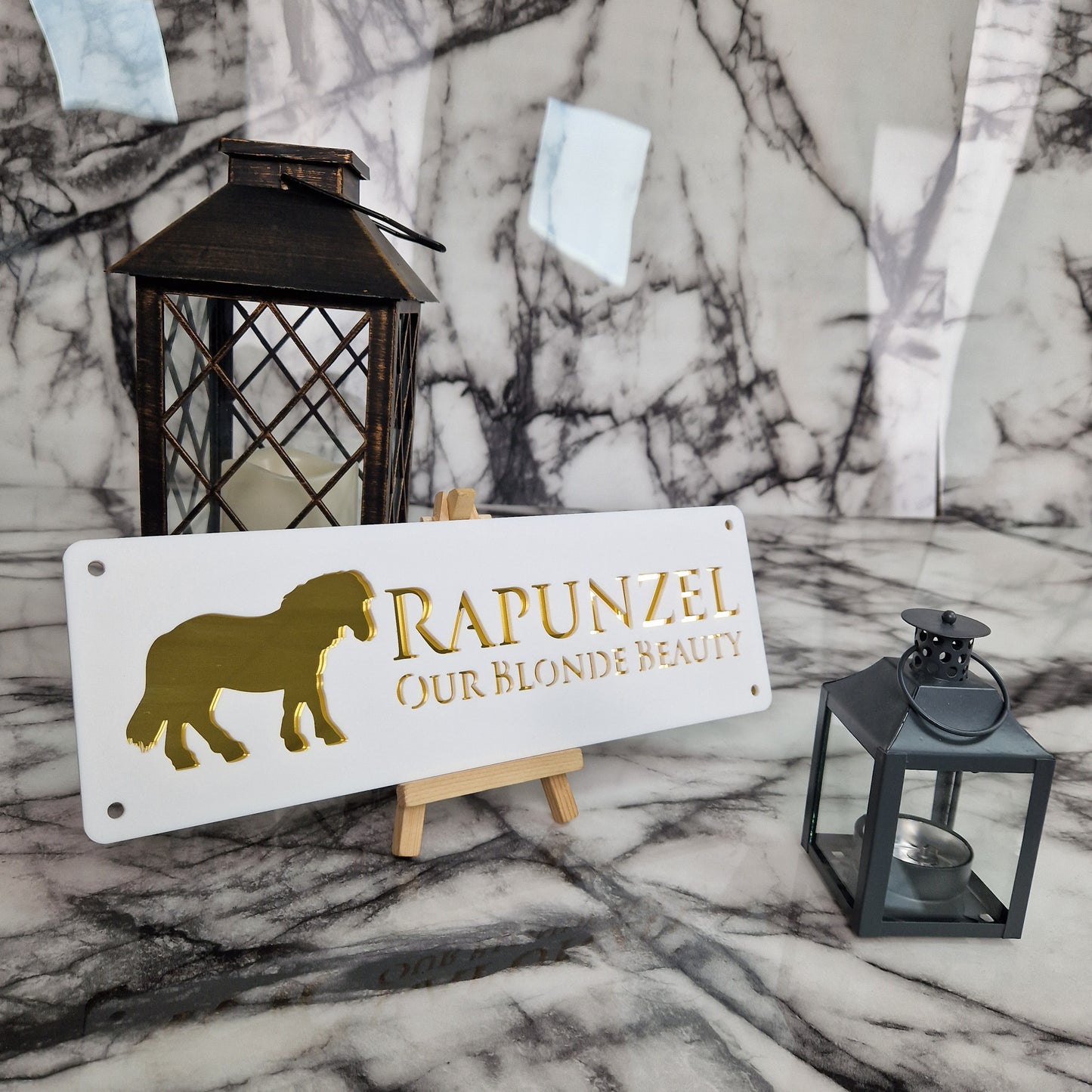 White and Gold Mirror Laser Horse Stable Personalised Sign