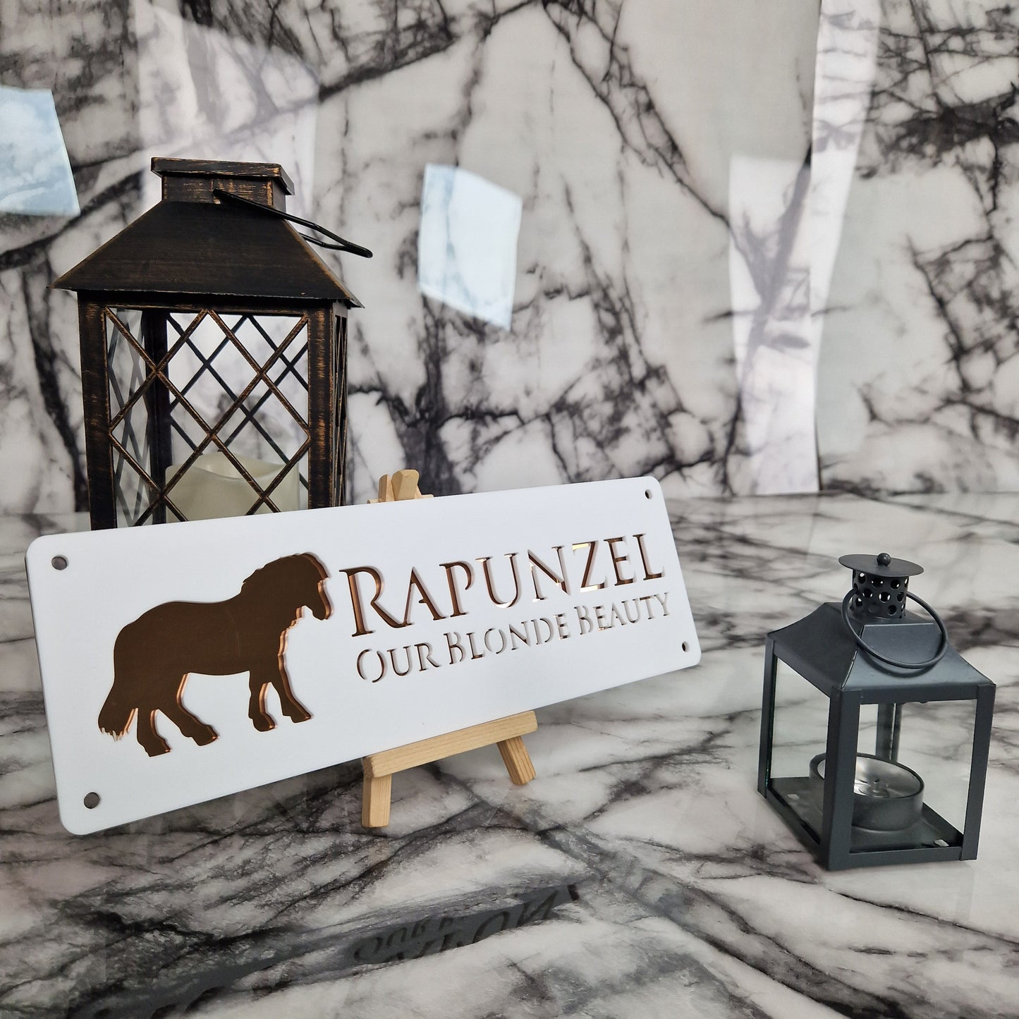 White and Copper Mirror Laser Horse Stable Personalised Sign