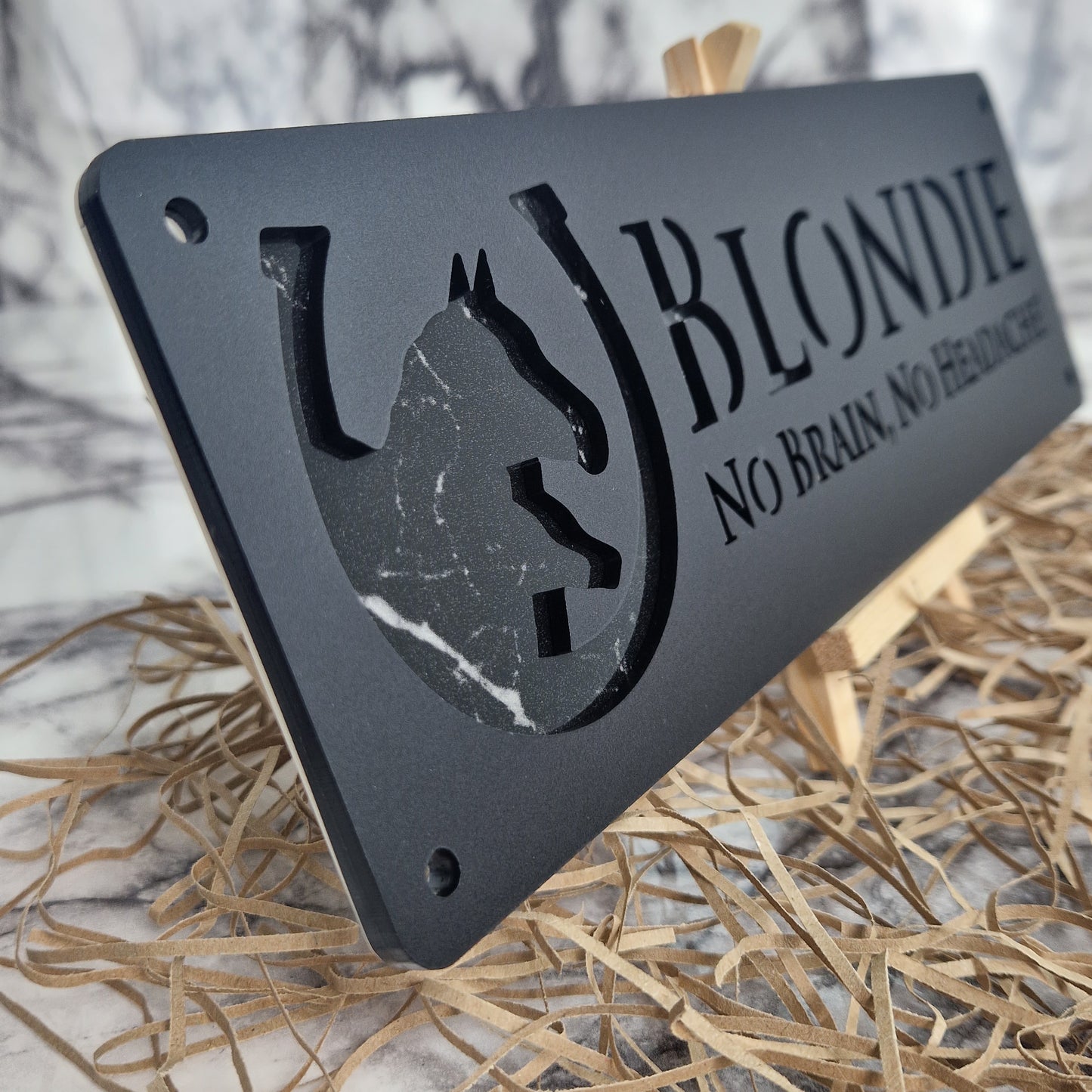 Black and Black Marble Laser Horse Stable Personalised Sign