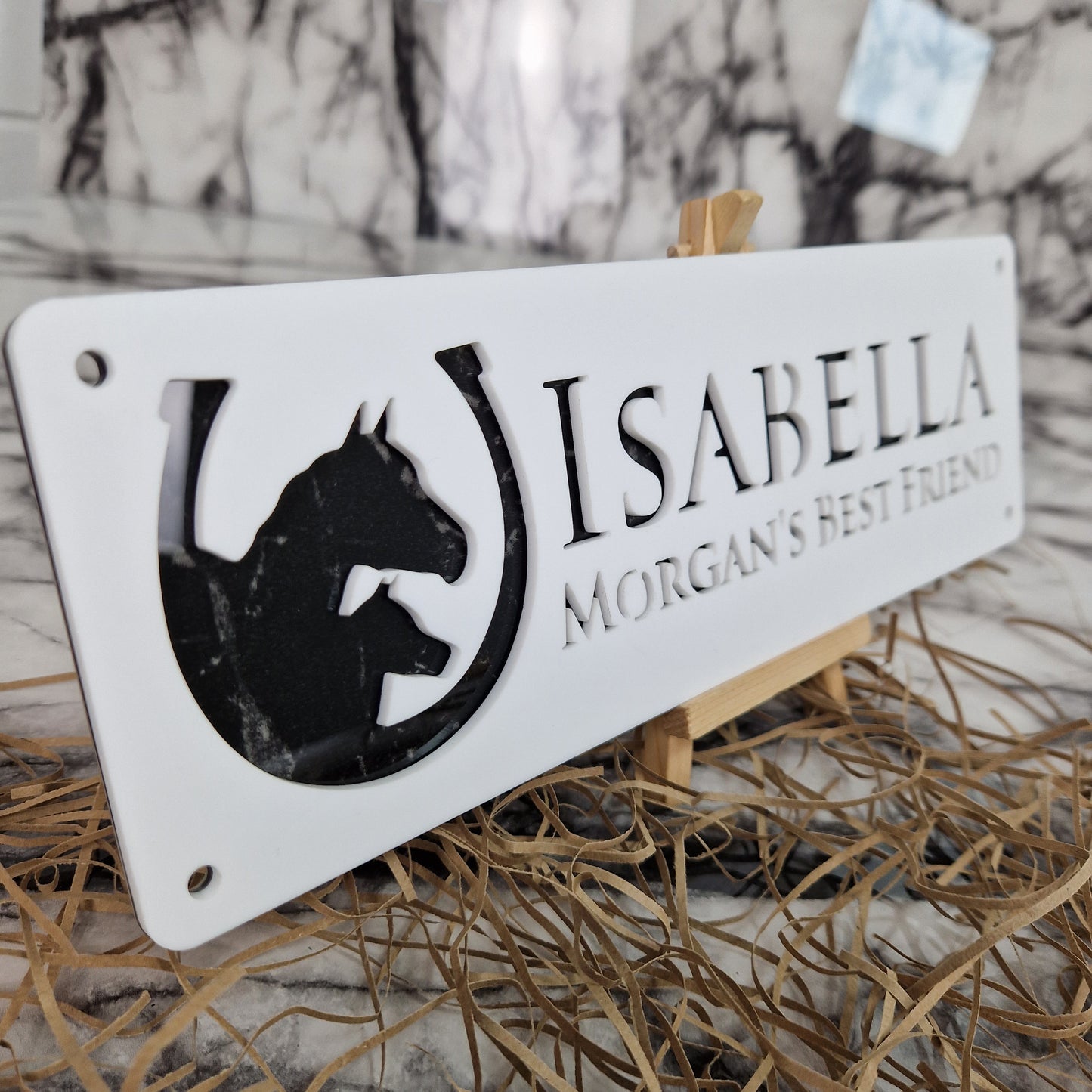 White and Black Marble Laser Horse Stable Personalised Sign