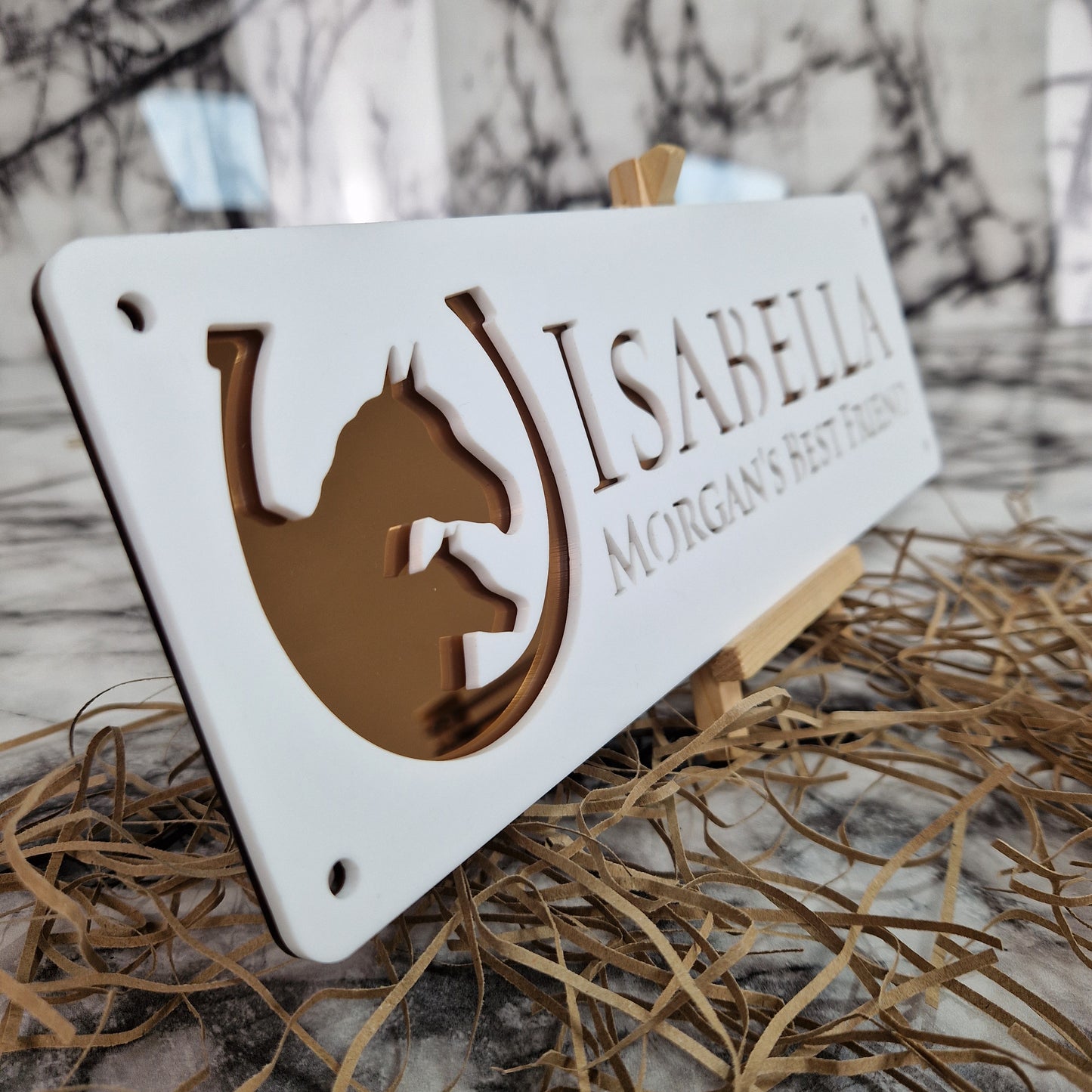 White and Copper Mirror Laser Horse Stable Personalised Sign
