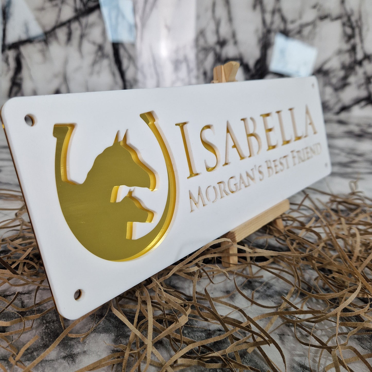 White and Gold Mirror Laser Horse Stable Personalised Sign