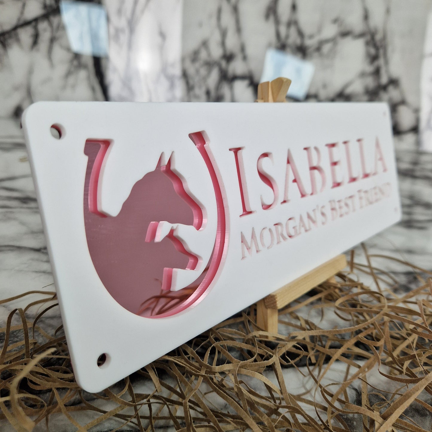 White and Rose Gold Mirror Laser Horse Stable Personalised Sign