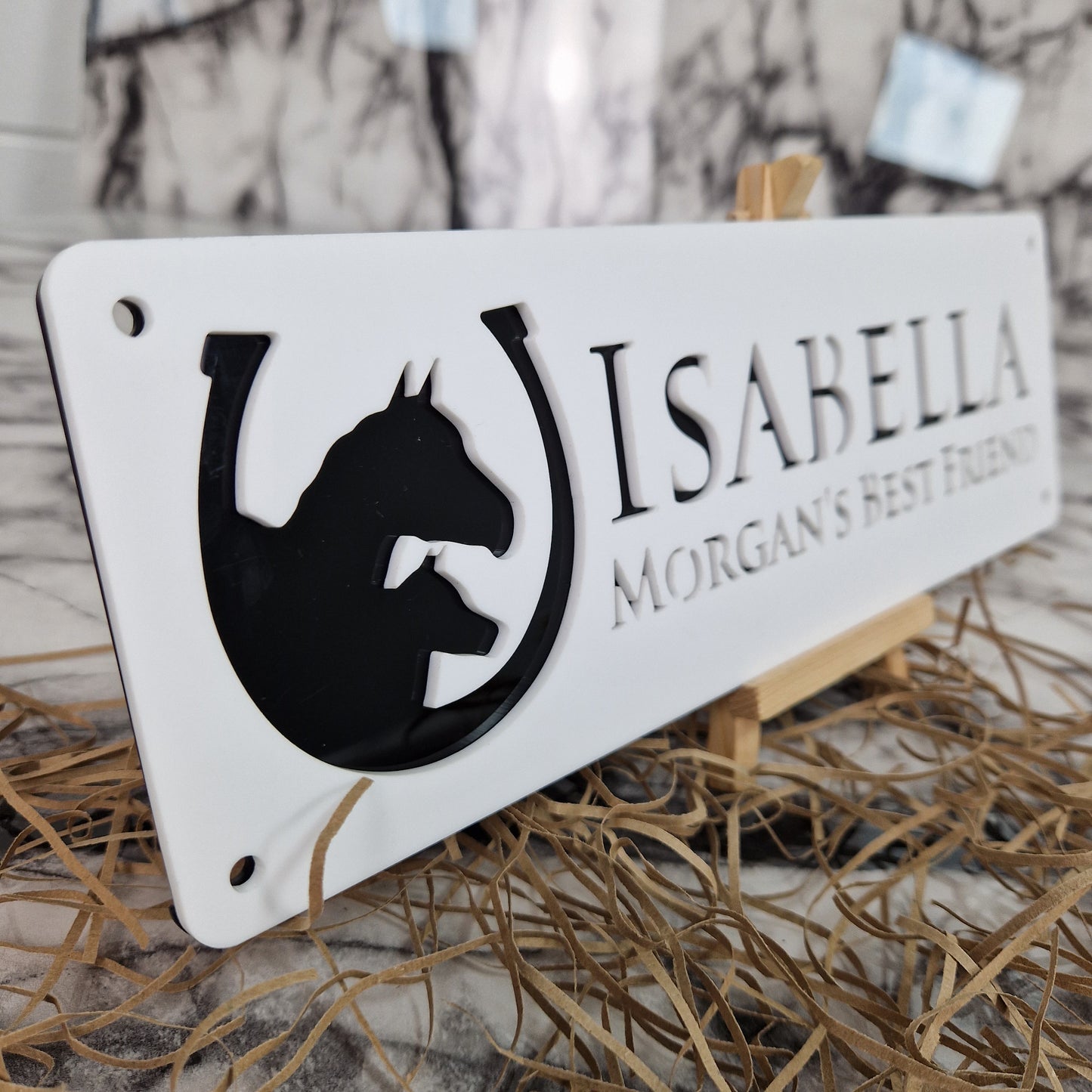 White and Gloss Black Laser Horse Stable Personalised Sign