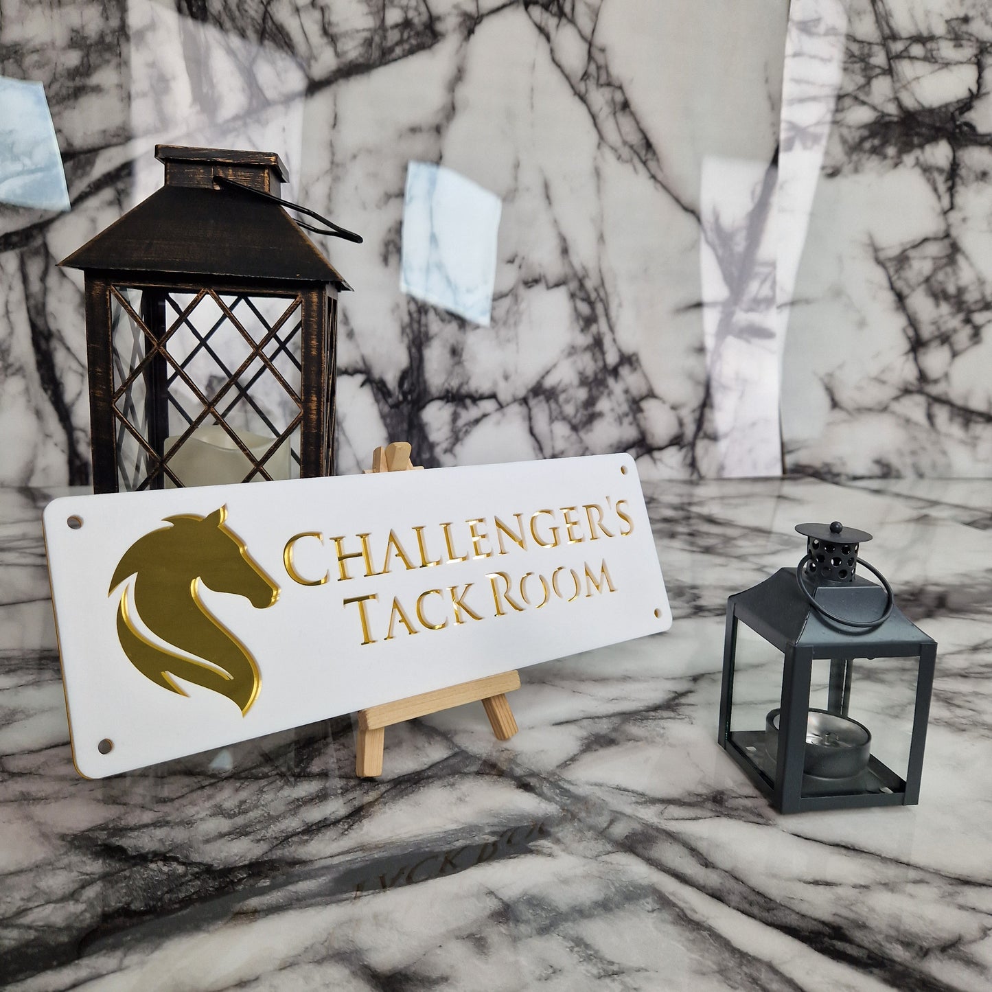 White and Gold Mirror Laser Horse Stable Personalised Sign