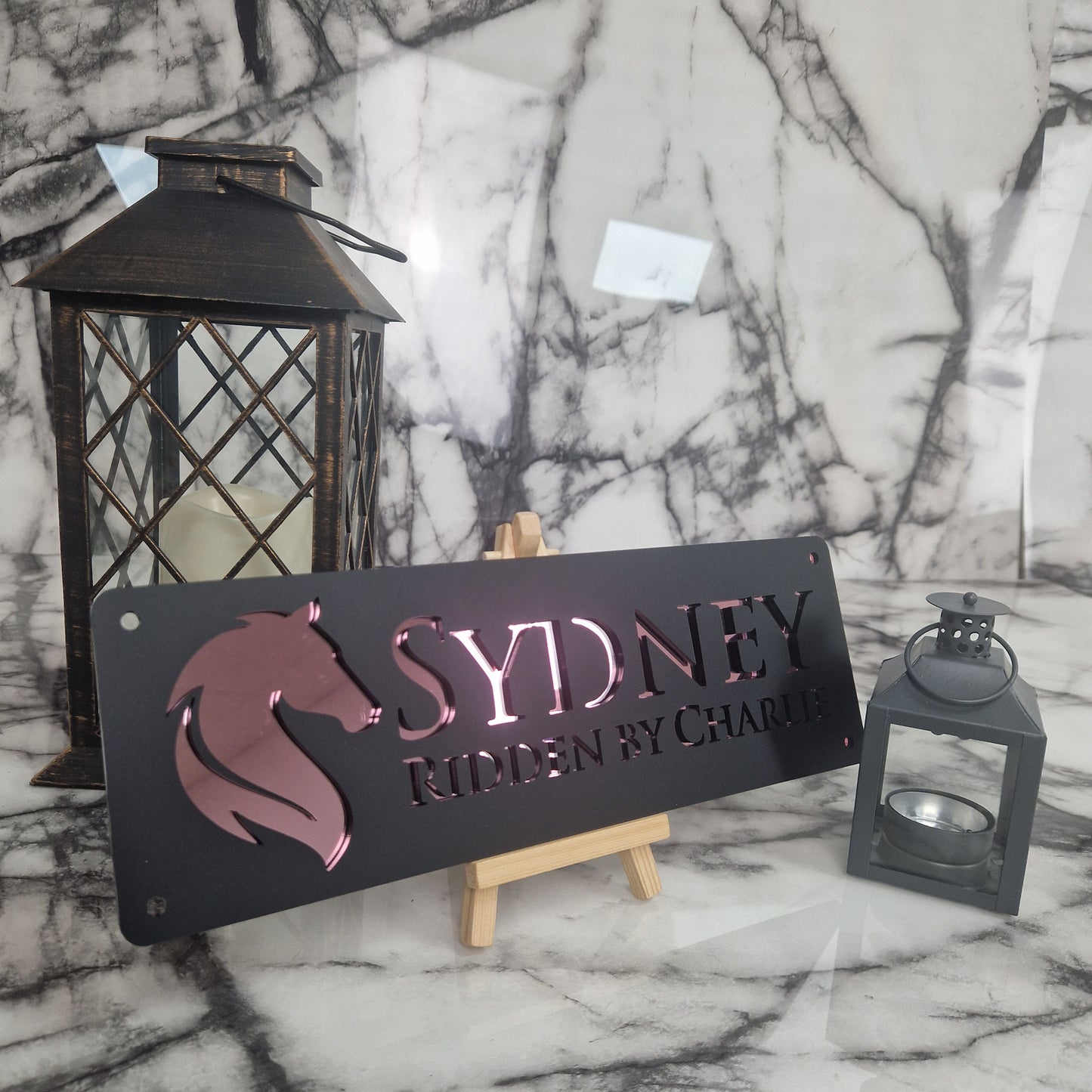 Black and Rose Gold Mirror Laser Horse Stable Personalised Sign