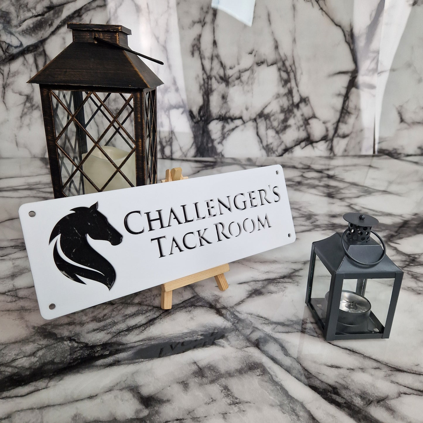 White and Black Marble Laser Horse Stable Personalised Sign