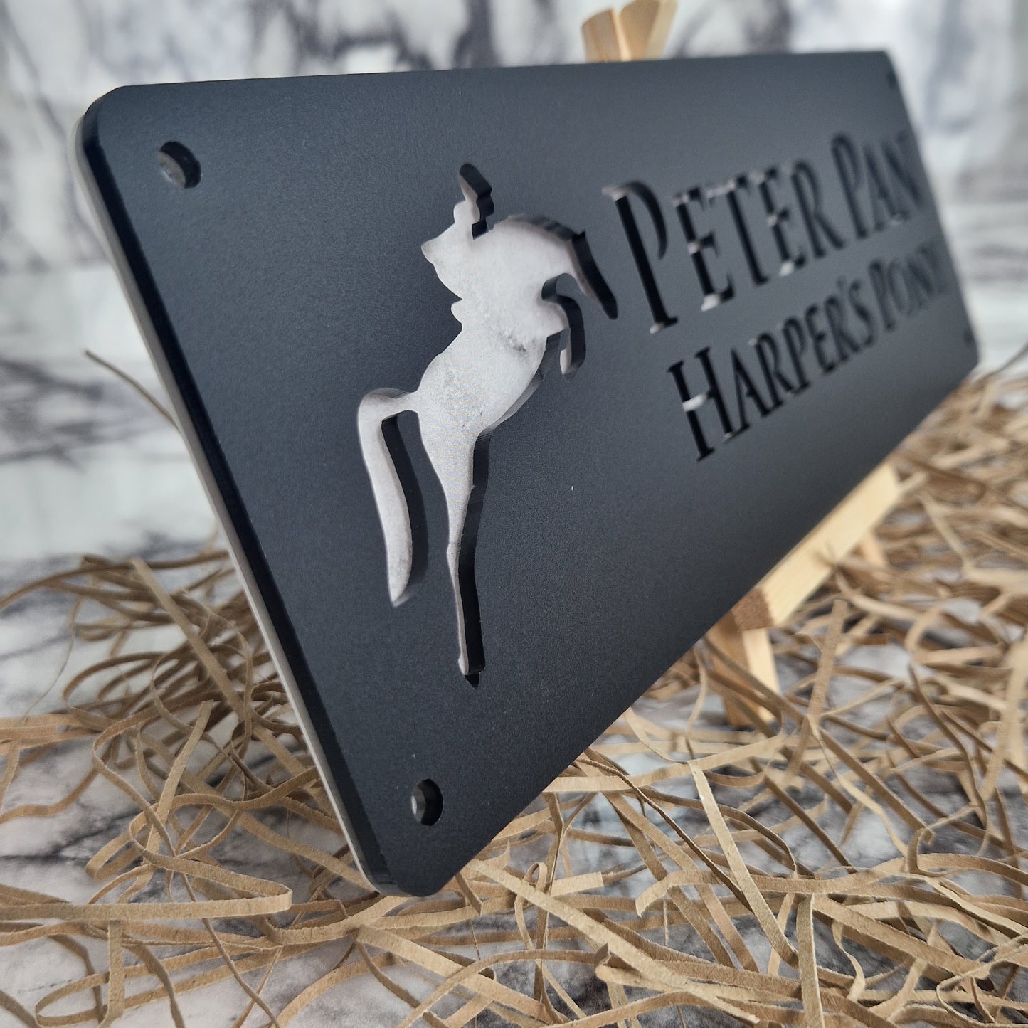 Black and White Marble Laser Horse Stable Personalised Sign