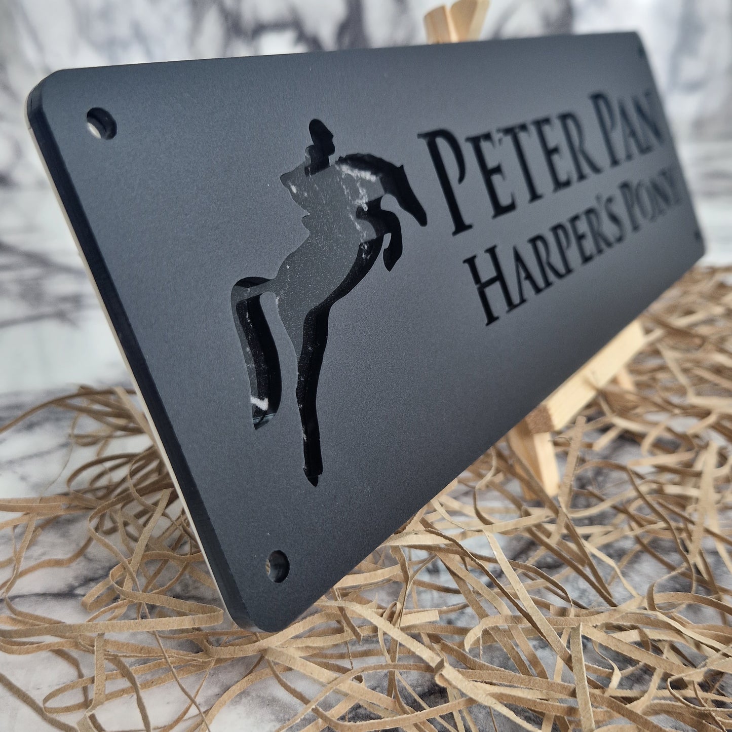 Black and Black Marble Laser Horse Stable Personalised Sign