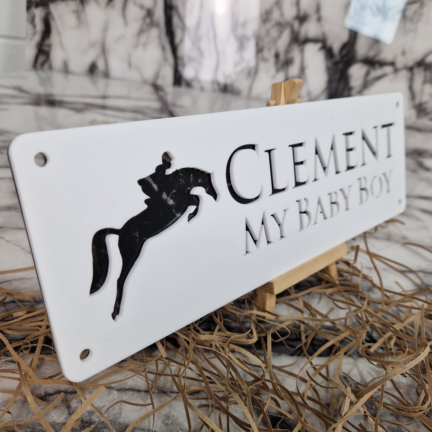 White and Black Marble Laser Horse Stable Personalised Sign