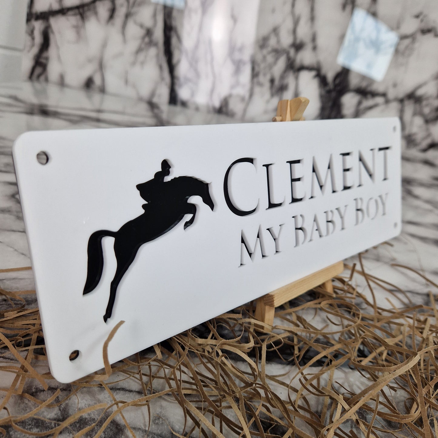 White and Gloss Black Laser Horse Stable Personalised Sign