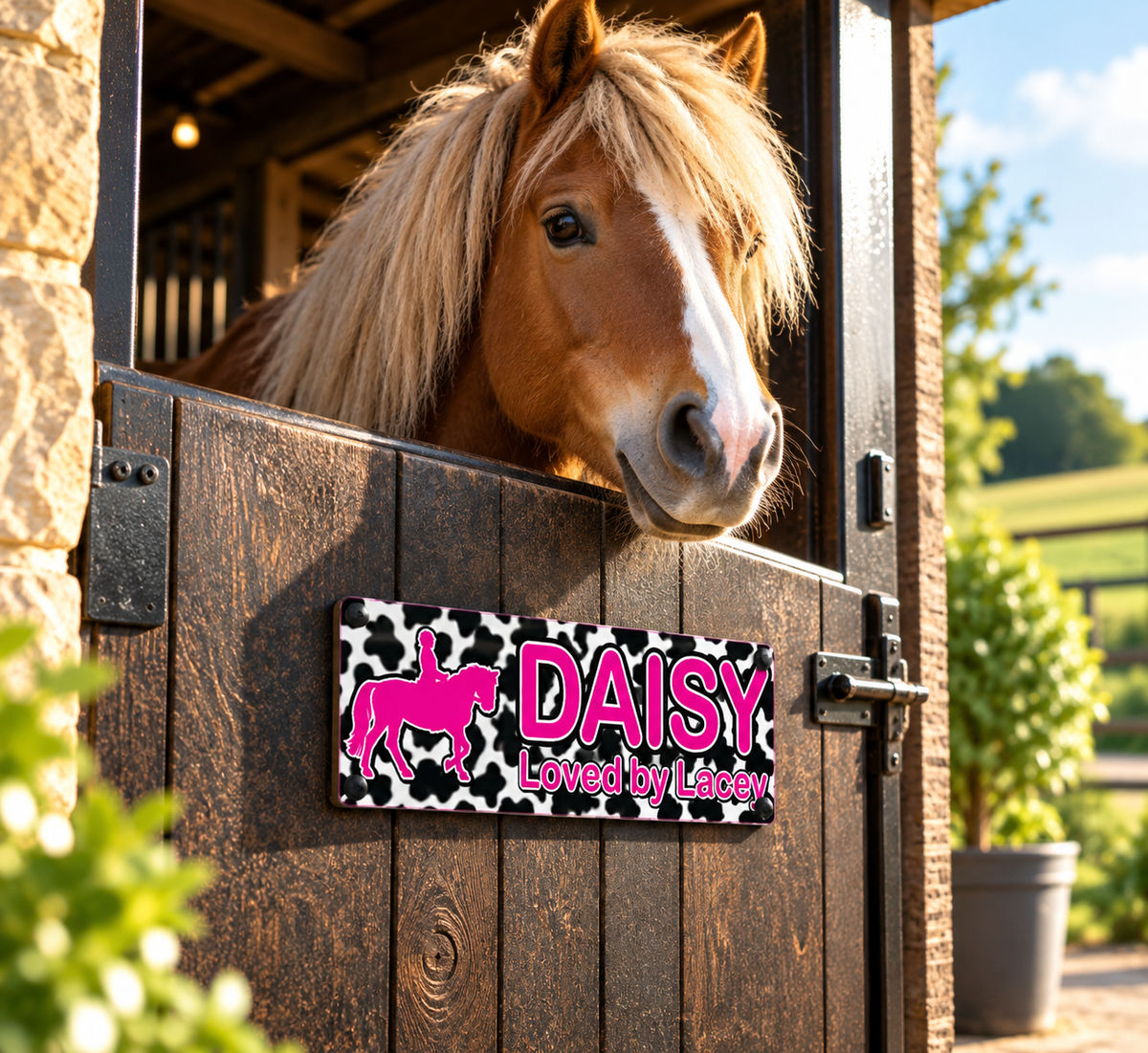Black and White Cow print design sign with Hot pink writing
