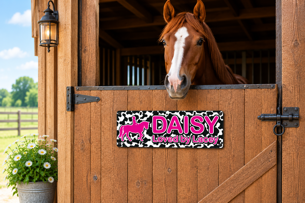 Black and White Cow print design sign with Hot pink writing