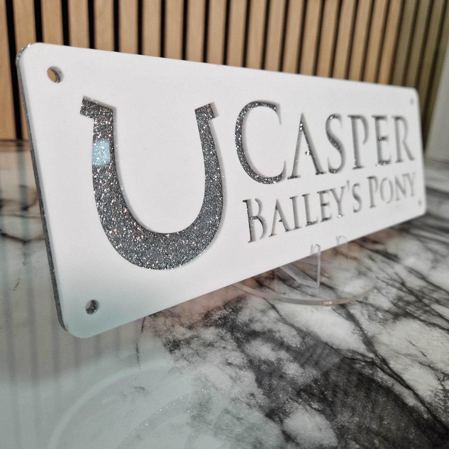 White and Silver Glitter Effect Laser Horse Stable Personalised Sign