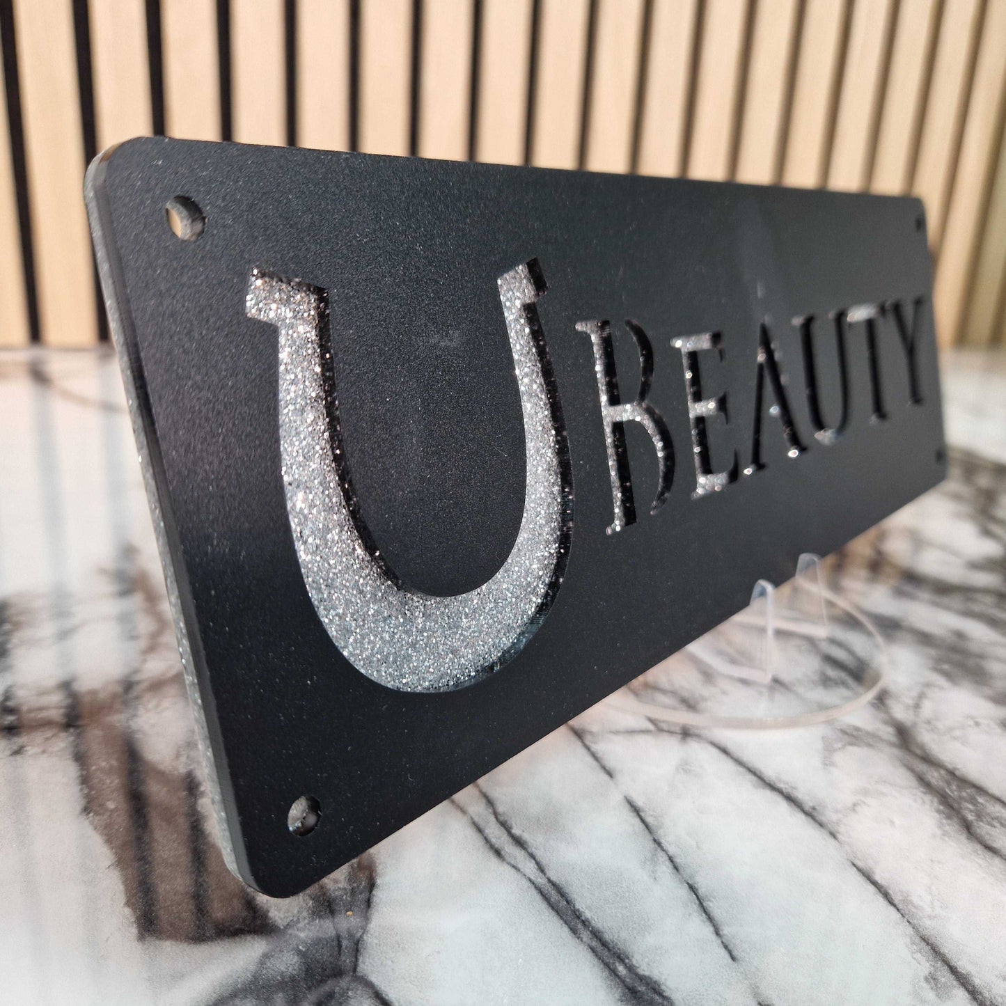 Black and Silver Glitter Effect Laser Horse Stable Personalised Sign