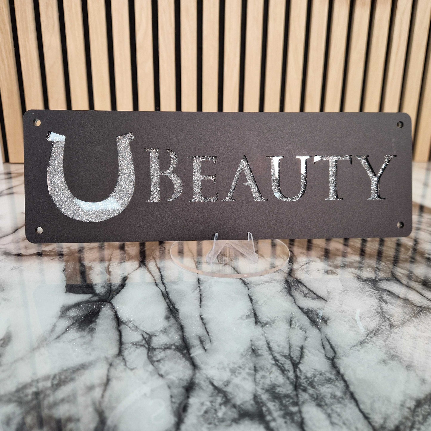 Black and Silver Glitter Effect Laser Horse Stable Personalised Sign