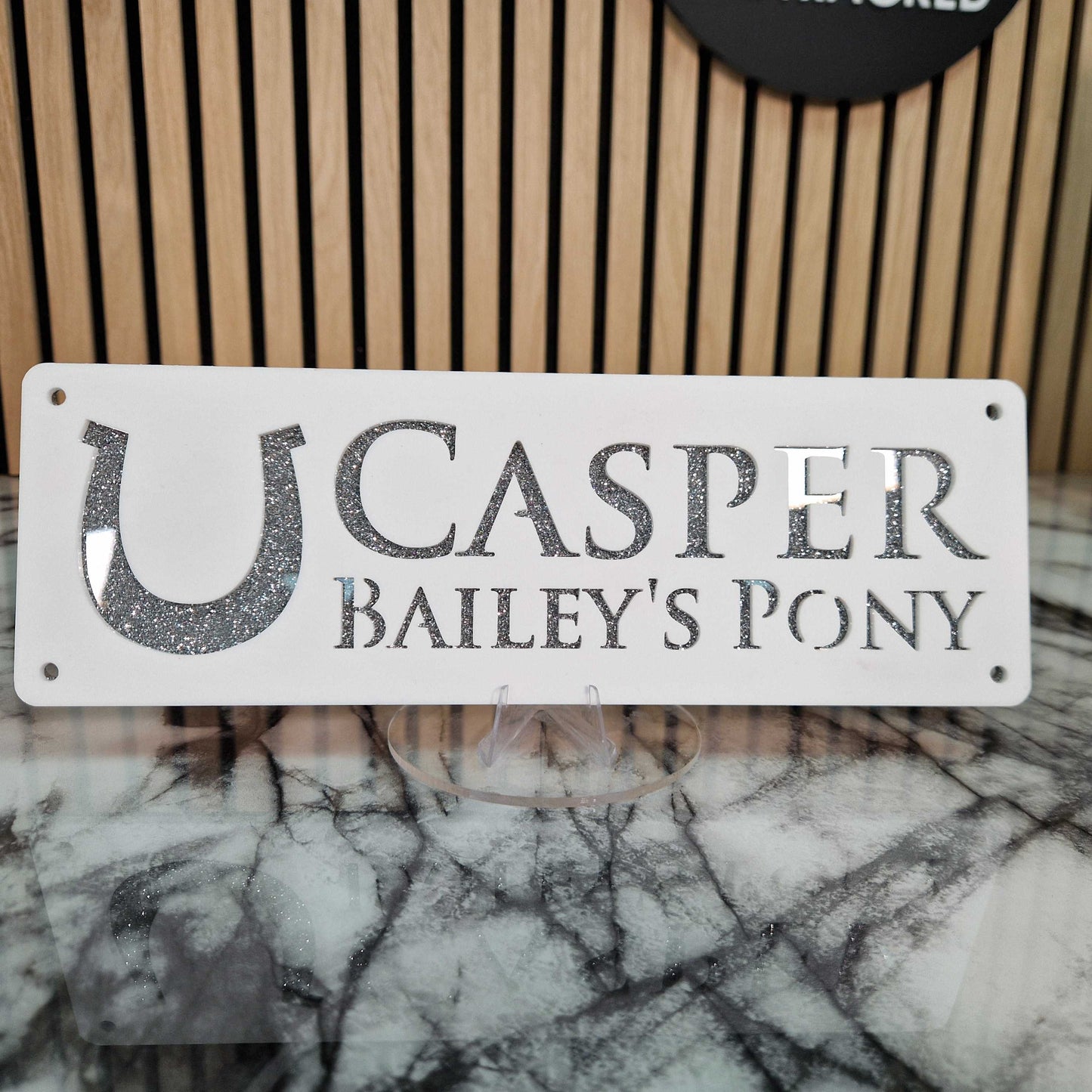 White and Silver Glitter Effect Laser Horse Stable Personalised Sign