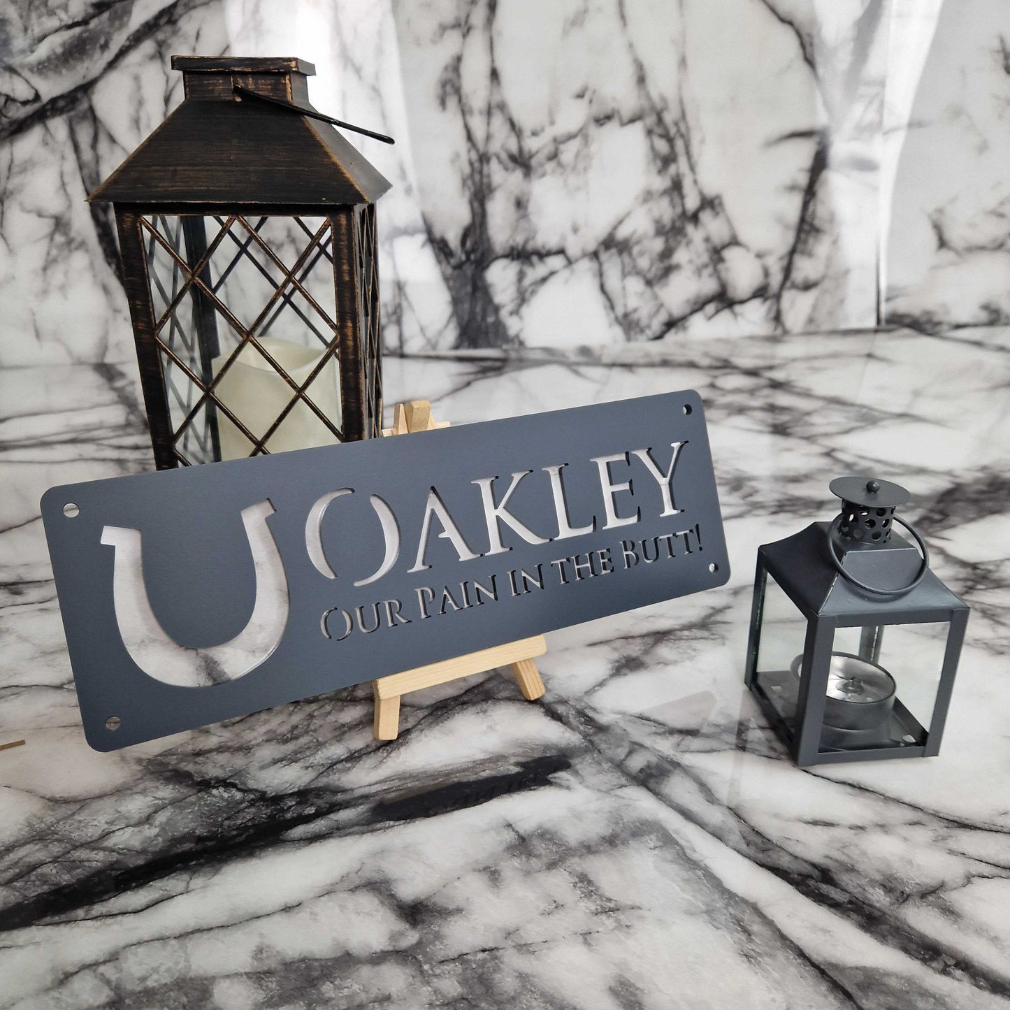 Matt Black and White Marble Effect Laser Horse Stable Personalised Sign