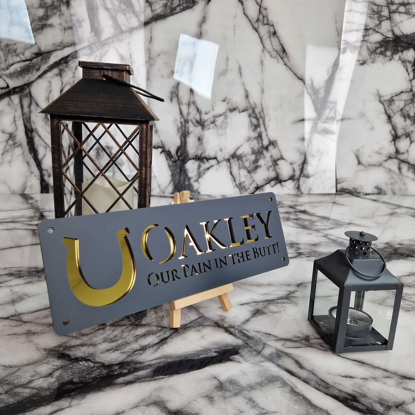 Anthracite Grey and Gold Mirror Effect Laser Horse Stable Personalised Sign