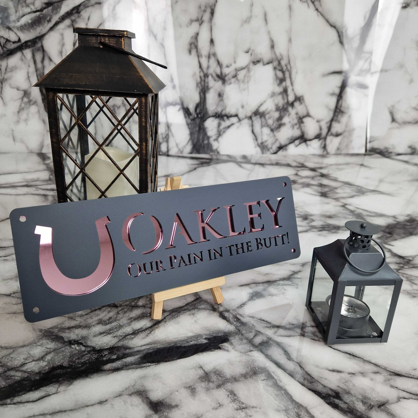 Anthracite Grey and Rose Gold Mirror Effect Laser Horse Stable Personalised Sign