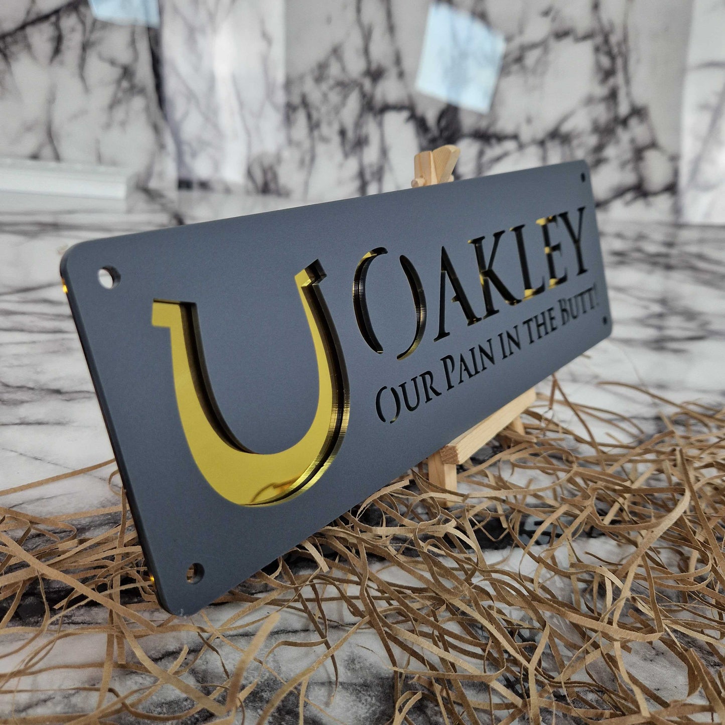 Anthracite Grey and Gold Mirror Effect Laser Horse Stable Personalised Sign