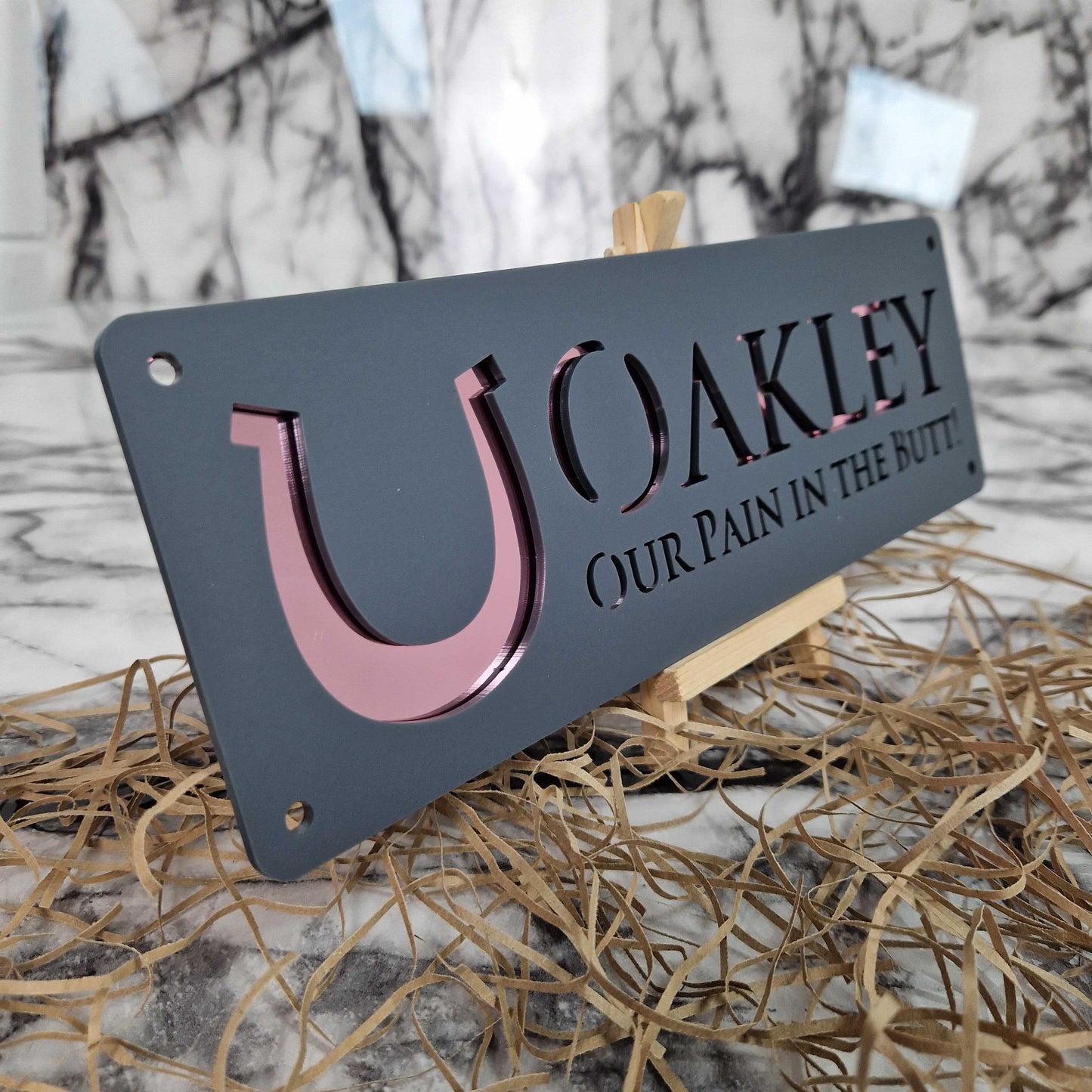 Anthracite Grey and Rose Gold Mirror Effect Laser Horse Stable Personalised Sign