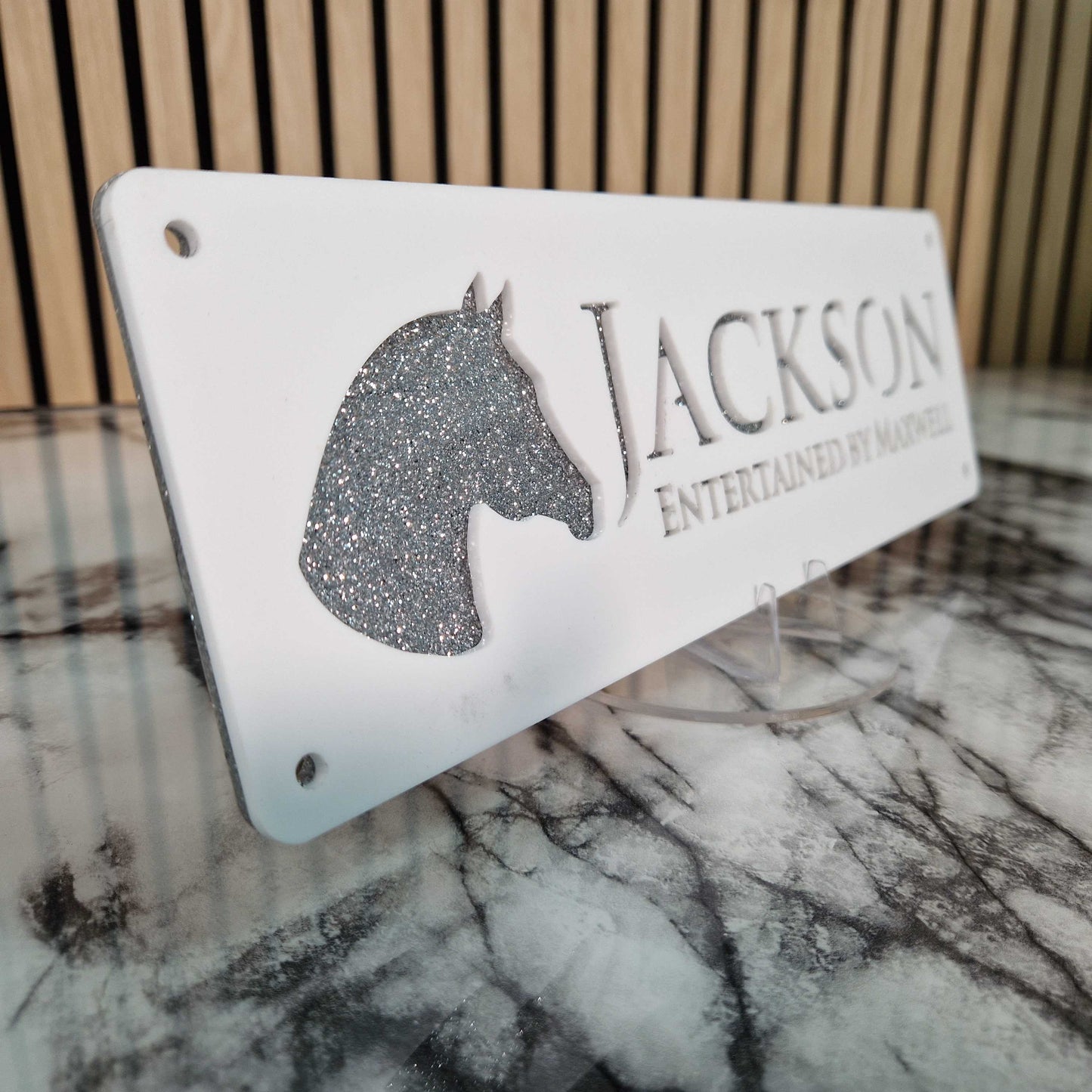 White and Silver Glitter Effect Laser Horse Stable Personalised Sign