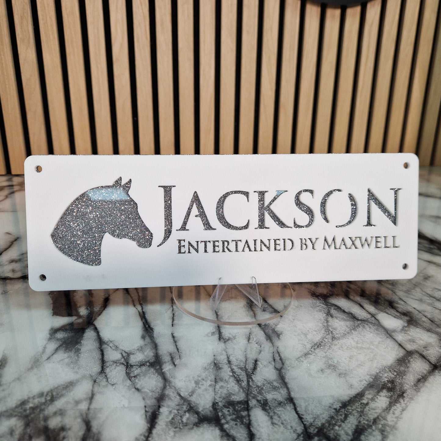 White and Silver Glitter Effect Laser Horse Stable Personalised Sign