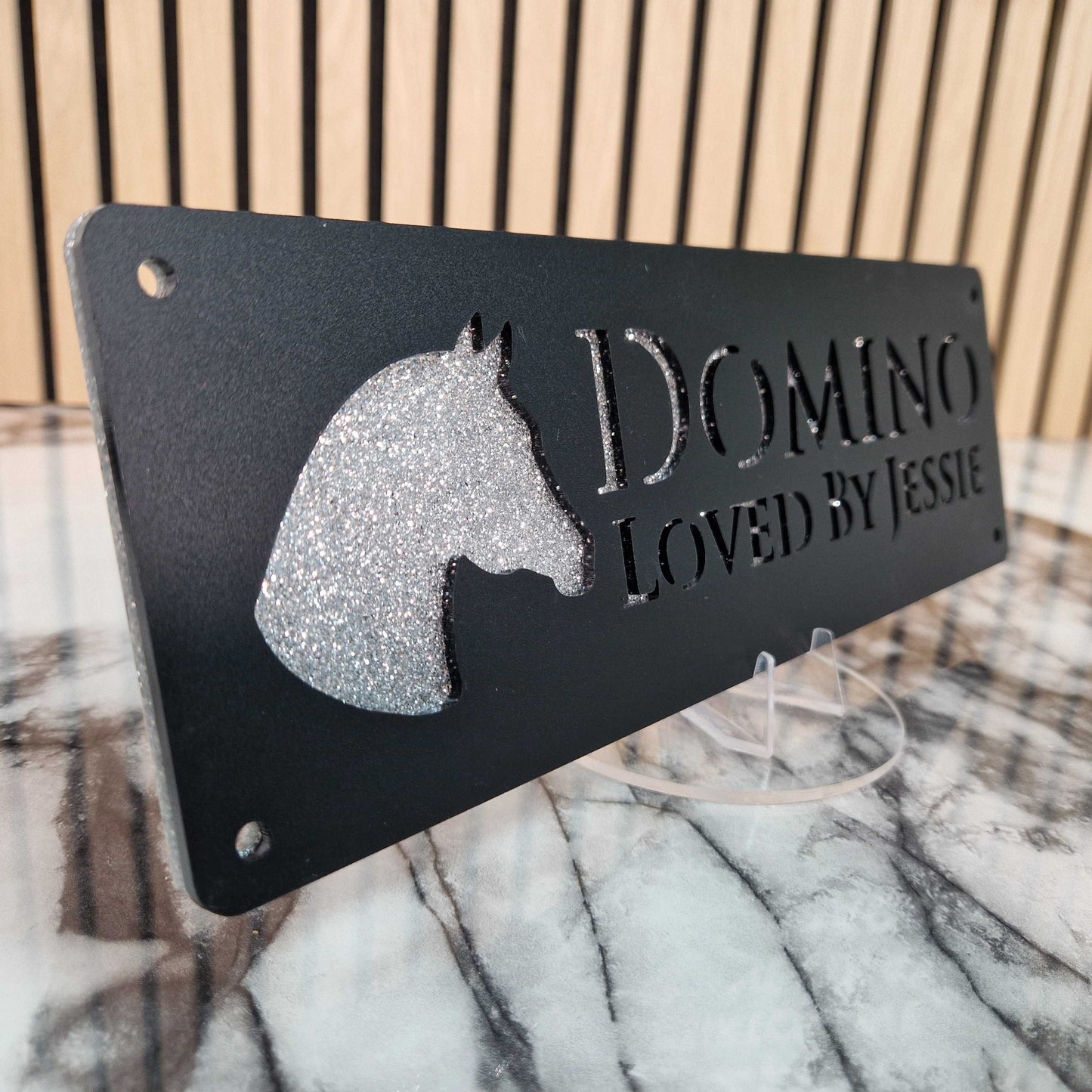 Black and Silver Glitter Effect Laser Horse Stable Personalised Sign