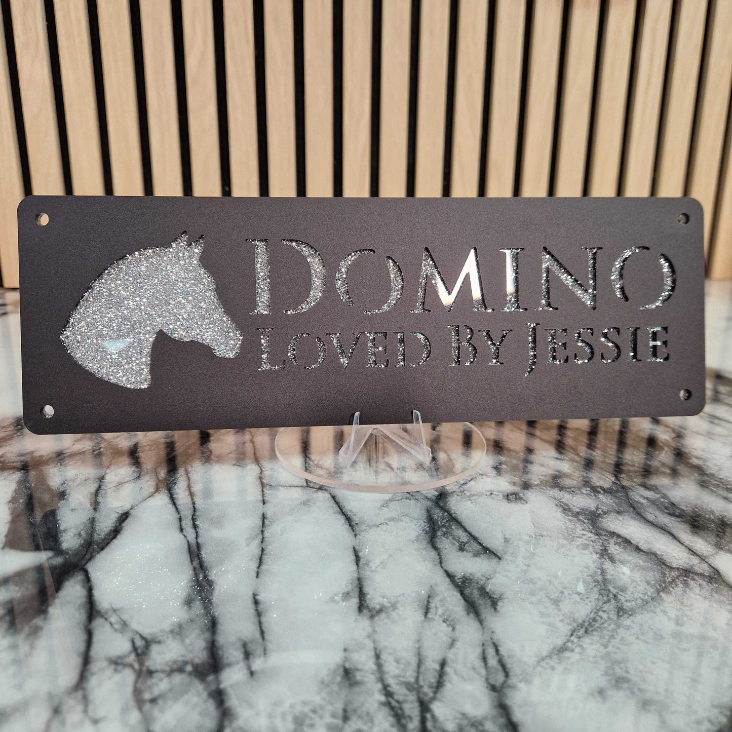 Black and Silver Glitter Effect Laser Horse Stable Personalised Sign