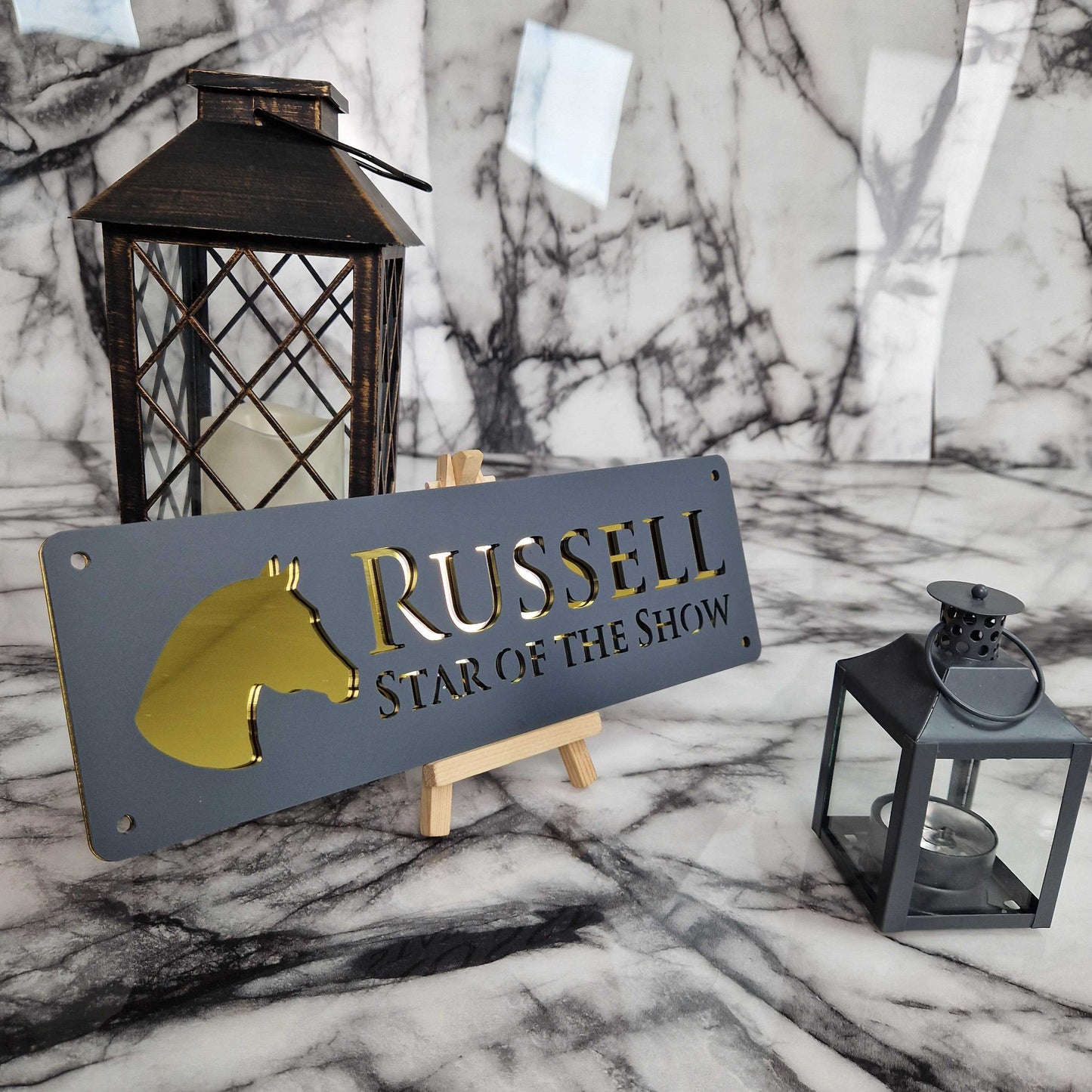 Anthracite Grey and Gold Mirror Effect Laser Horse Stable Personalised Sign