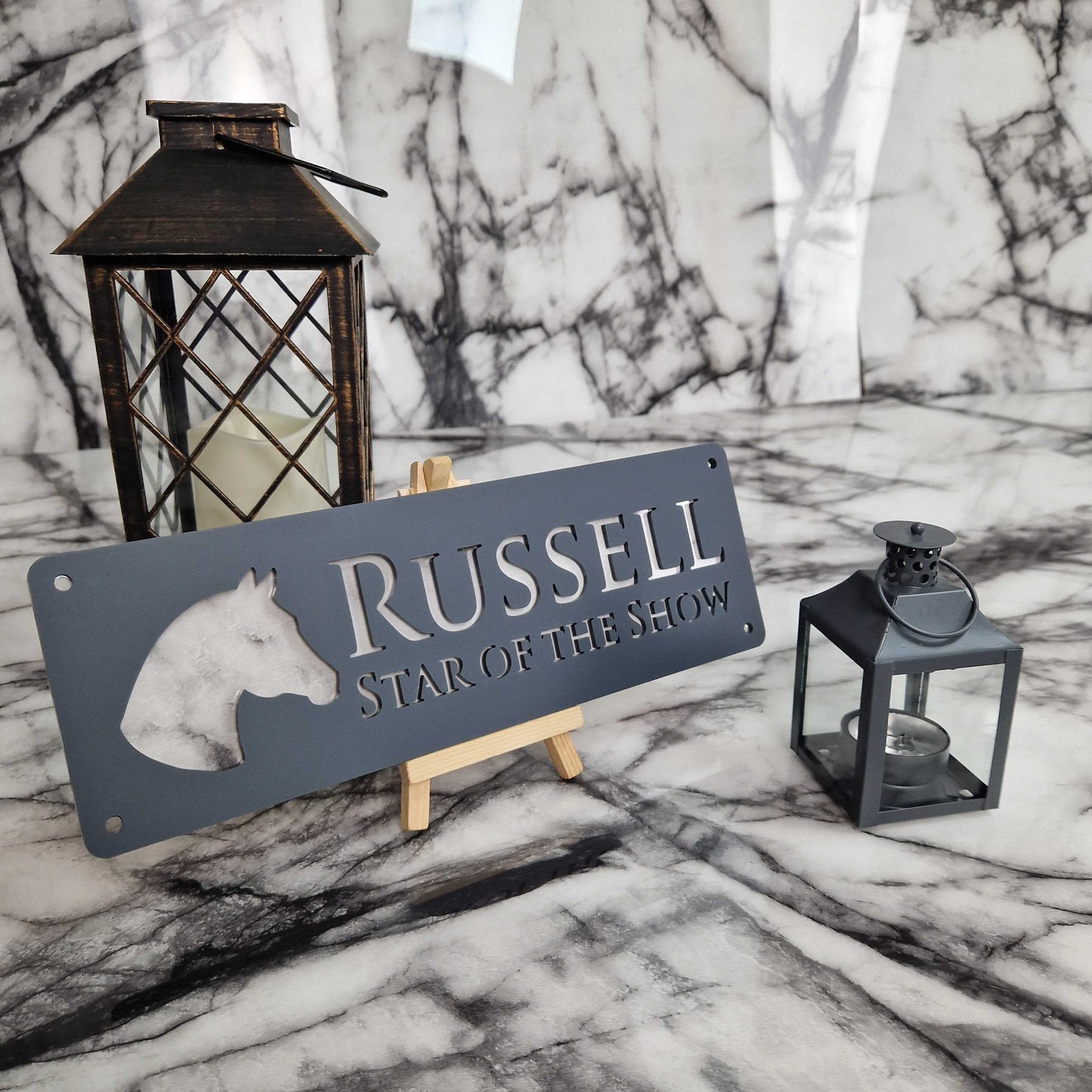 Matt Black and White Marble Effect Laser Horse Stable Personalised Sign