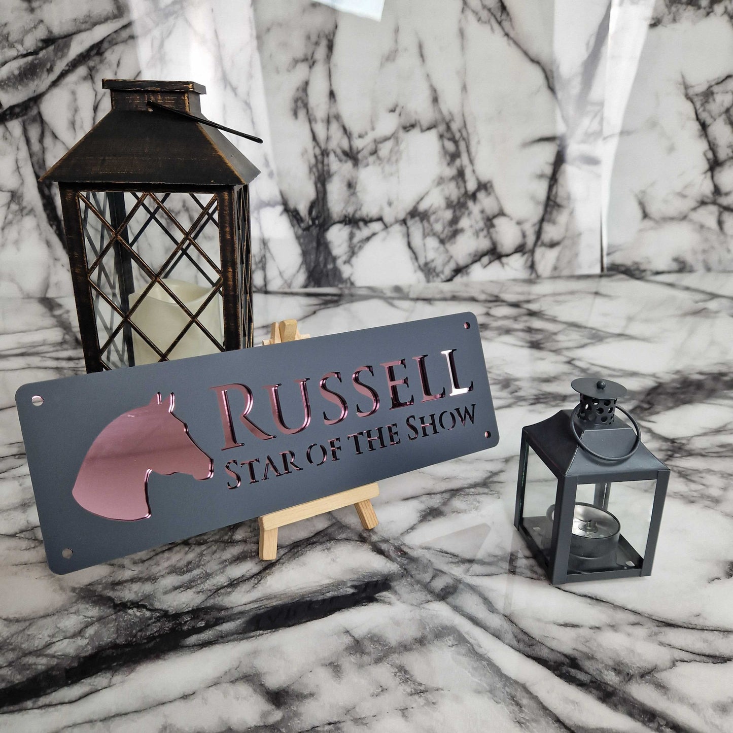 Anthracite Grey and Rose Gold Mirror Effect Laser Horse Stable Personalised Sign